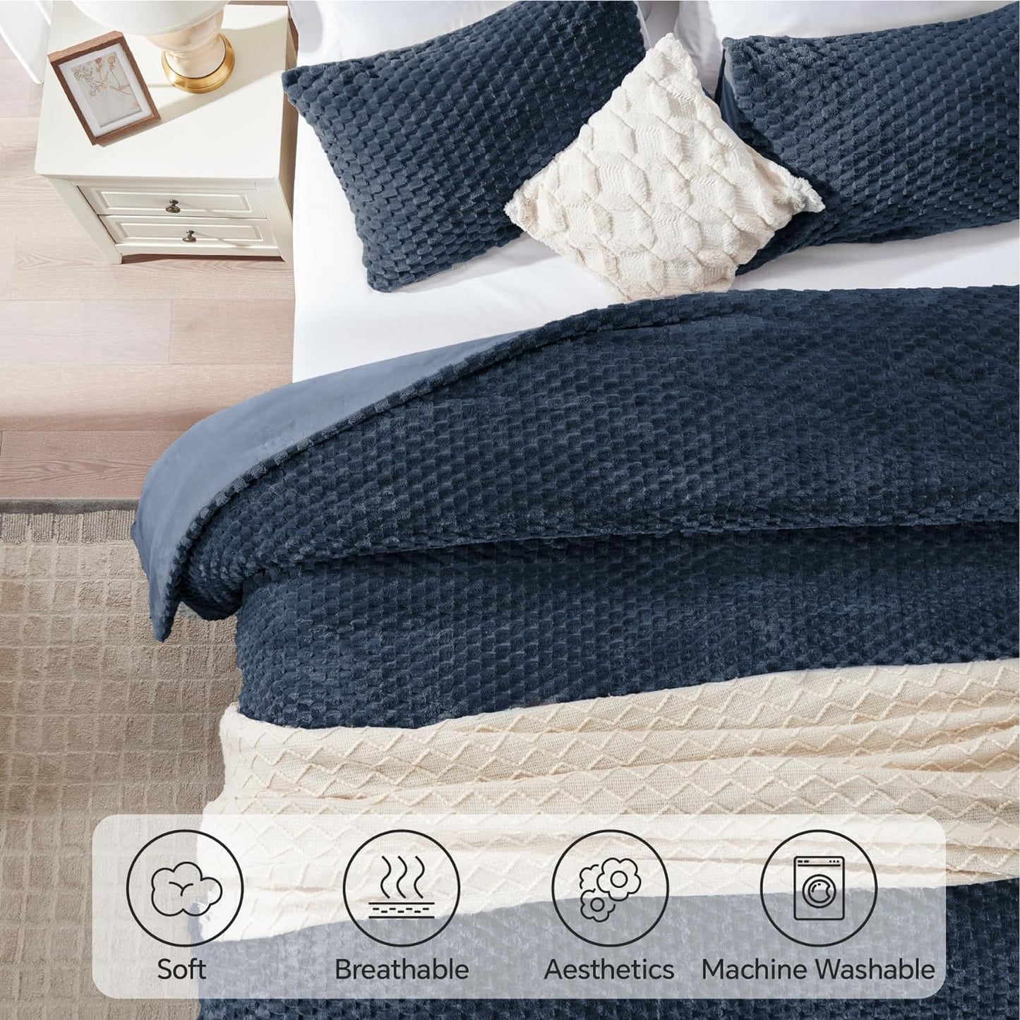 Fluffy Twin Comforter Set - Fleece Soft Comforter 2 Pieces, Navy Blue