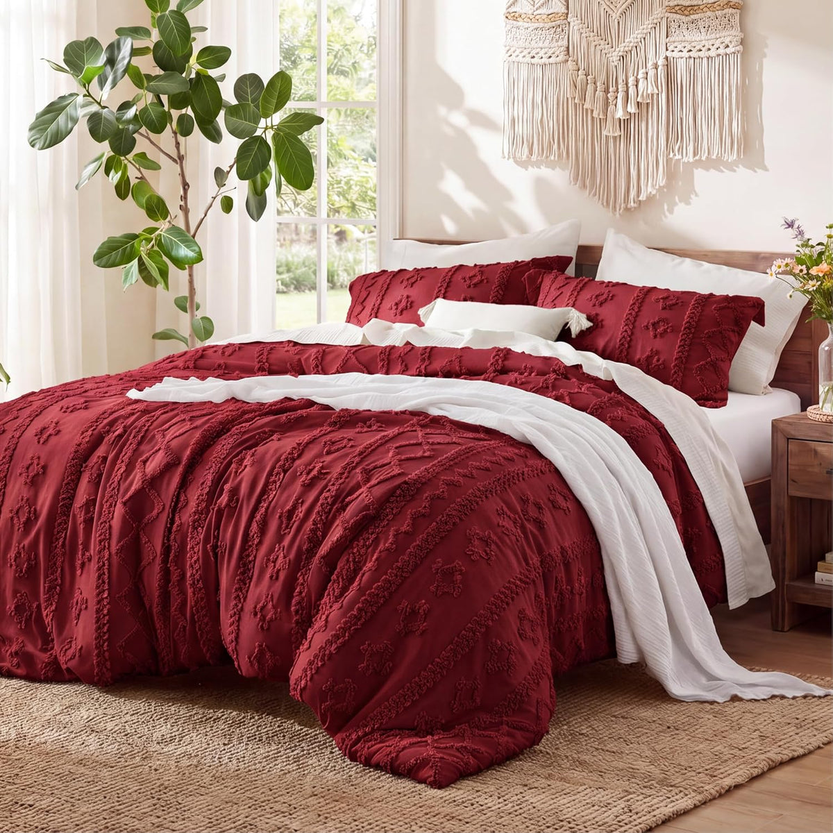 Tufted Boho Comforter Set Twin, Bedroom Decor Bedding Set Red