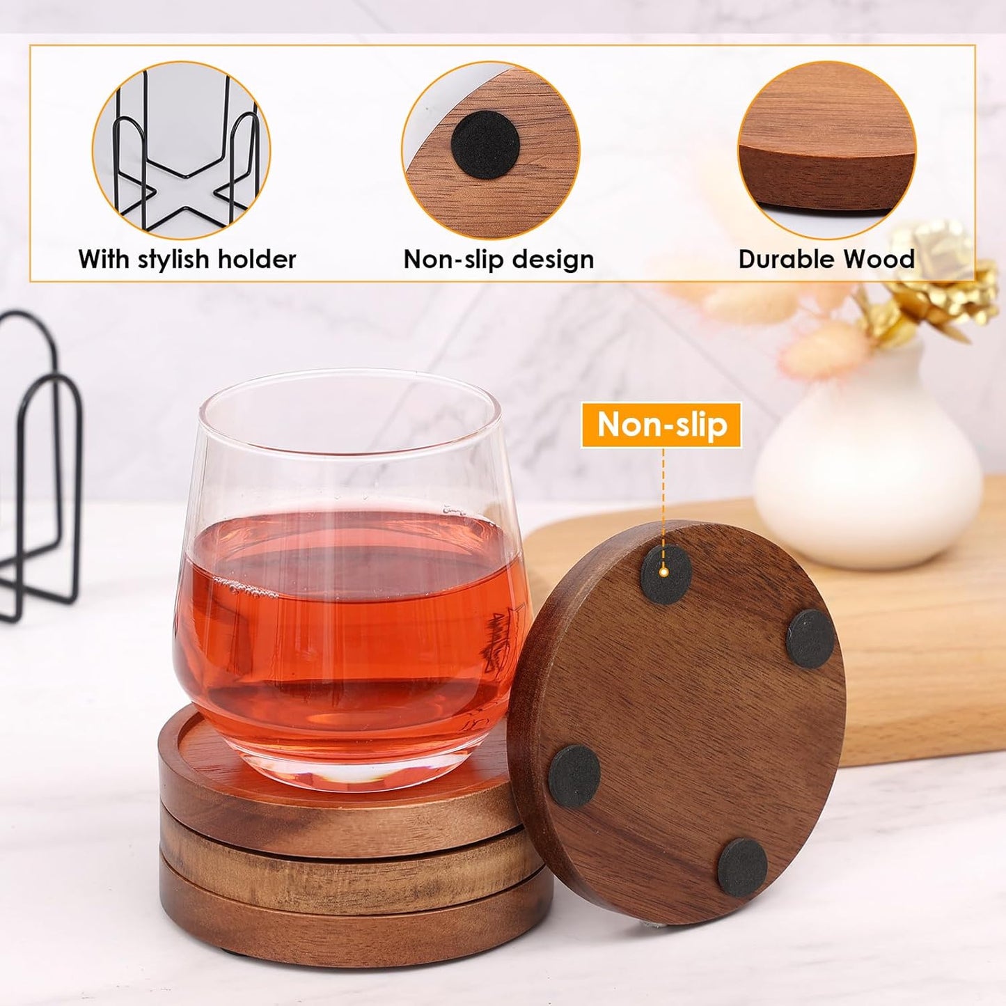 4 Pcs Wood Coasters for Drinks Absorbent, Wooden Coasters with Holder