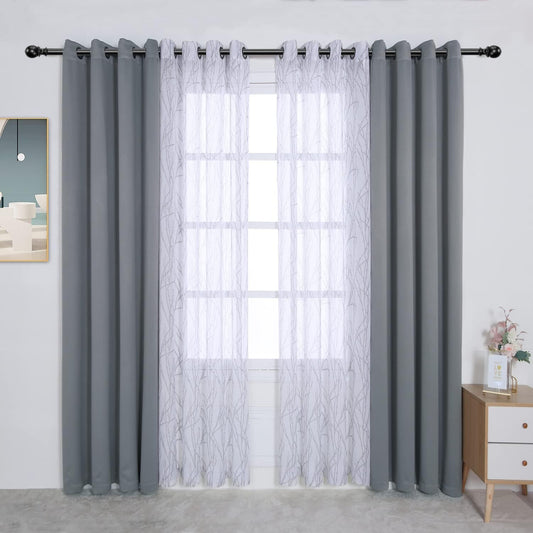 Mix and Match Curtains - 2 Pieces Branch Print Sheer Curtains and 2 Pieces Blackout Curtains, 54X84 Inch/Panel, Light Grey, Set of 4 Panels