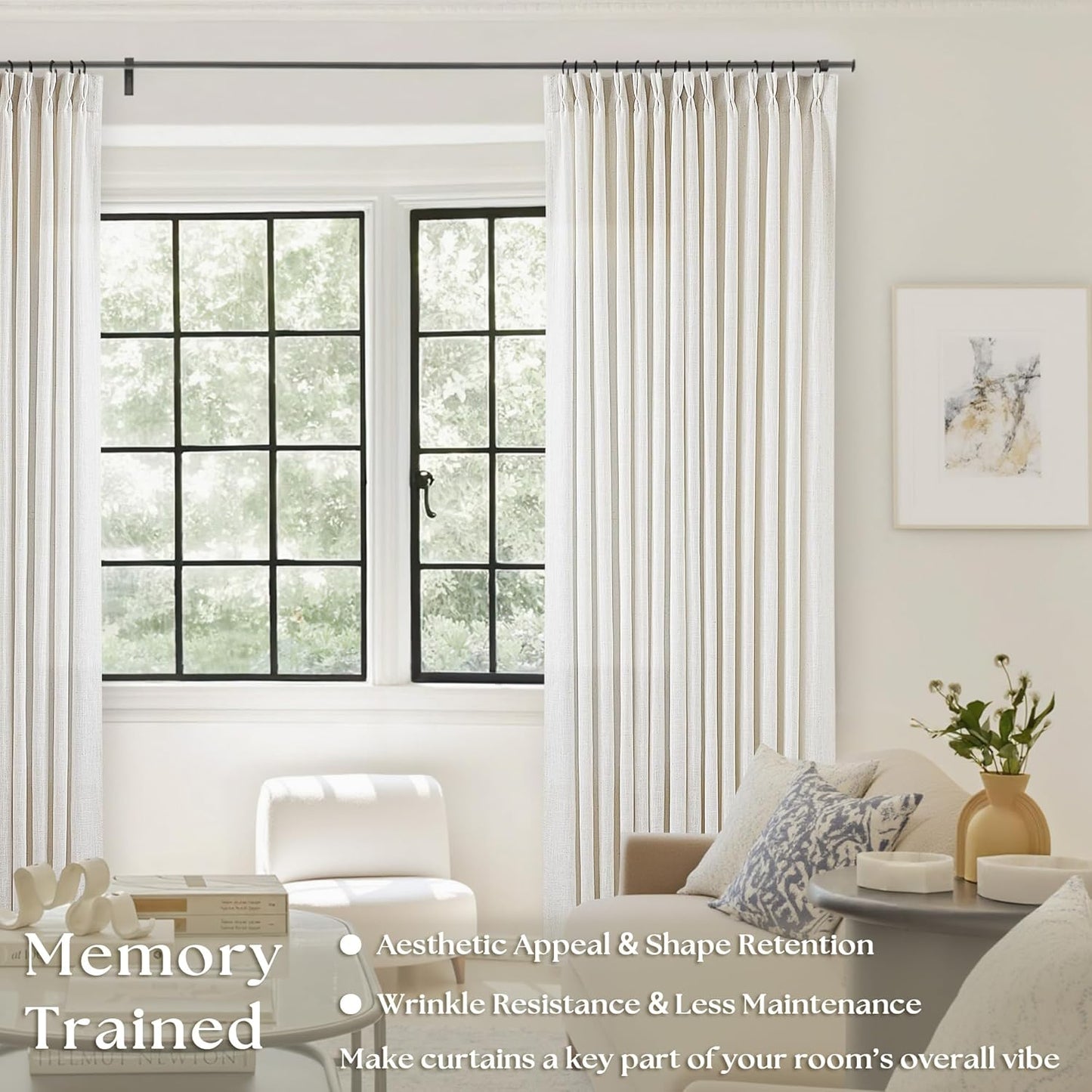90 Inch Pinch Pleated Linen Curtains 2 Panel Set, Cream Natural Thick Linen Textured Drapes, Ivory Semi Sheer Curtain