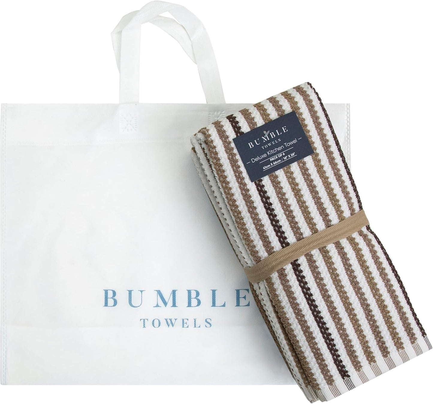 Premium Kitchen Towels (16”X 26”, 6 Pack) Large Cotton Kitchen Hand Towels, Popcorn Striped Design,Tan