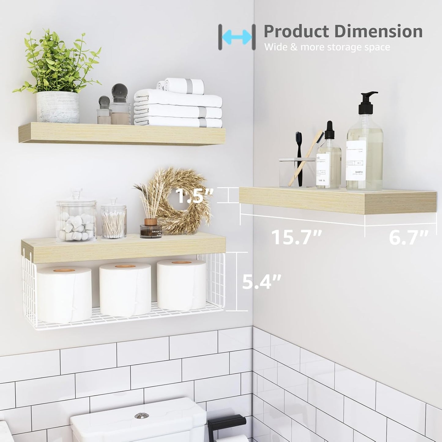  Wall Mounted Bathroom Floating Farmhouse Shelves Over Toilet, Storage Small 16 Inch Set of 3, Natural (019-BNW3)