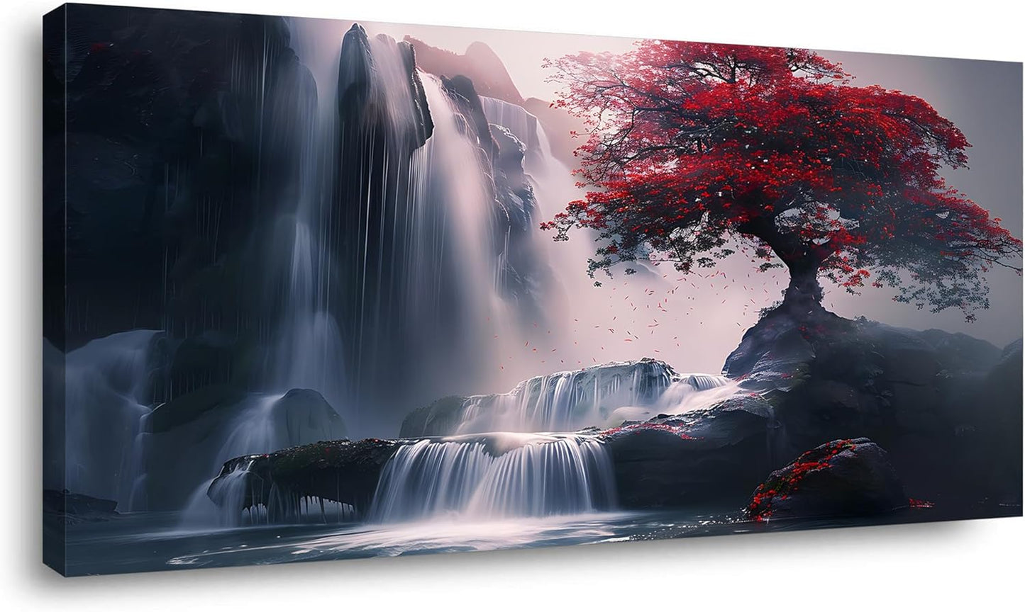 Red Leaf Tree Stand by Waterfall Landscape Canvas Wall Art 20X40 Inches