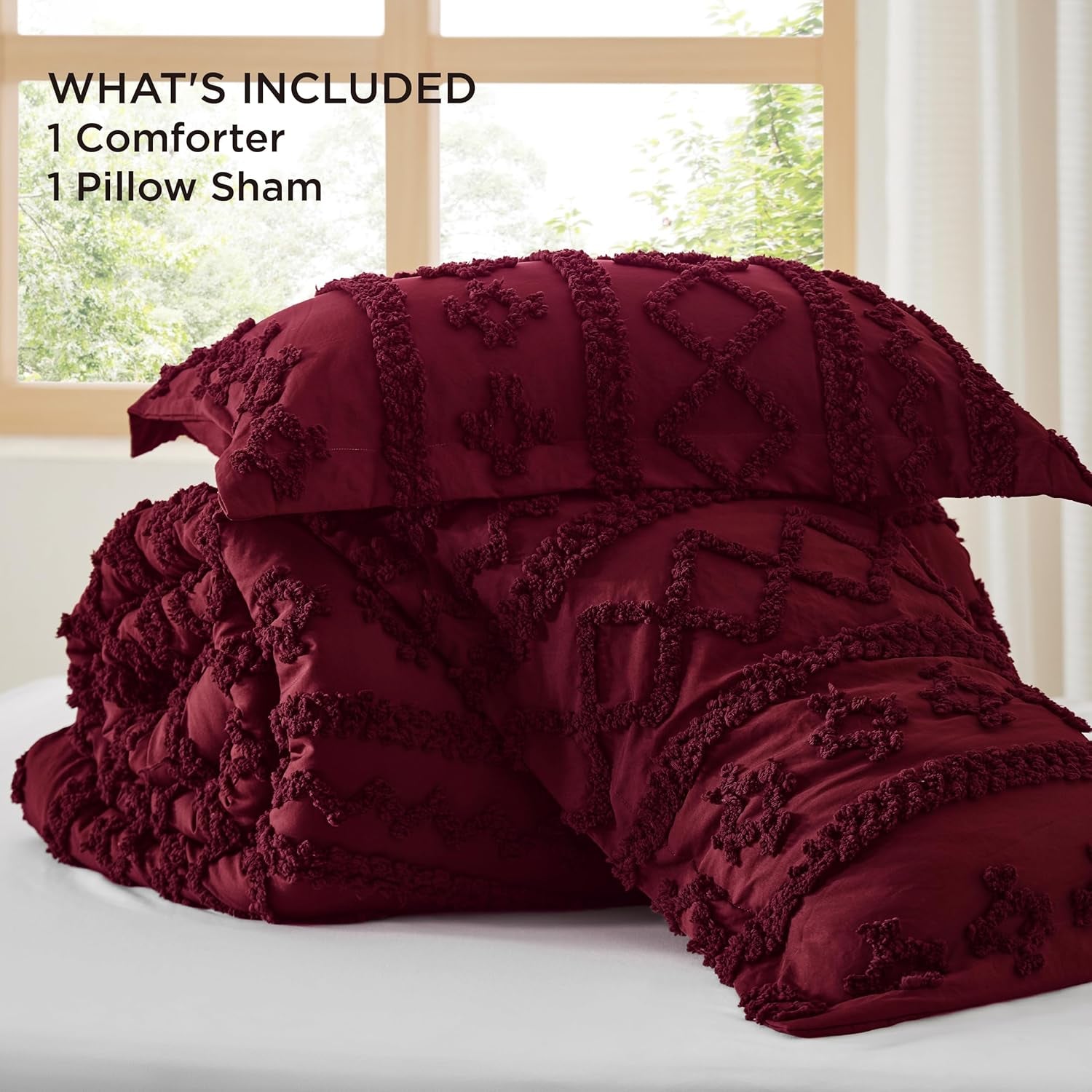 Tufted Boho Comforter Set Twin Size - Dark Red Boho Bed Set, Gentle soft™ 2 Pieces Farmhouse Shabby Chic Embroidery Bedding, Soft Jacquard Twin Comforter for All Seasons