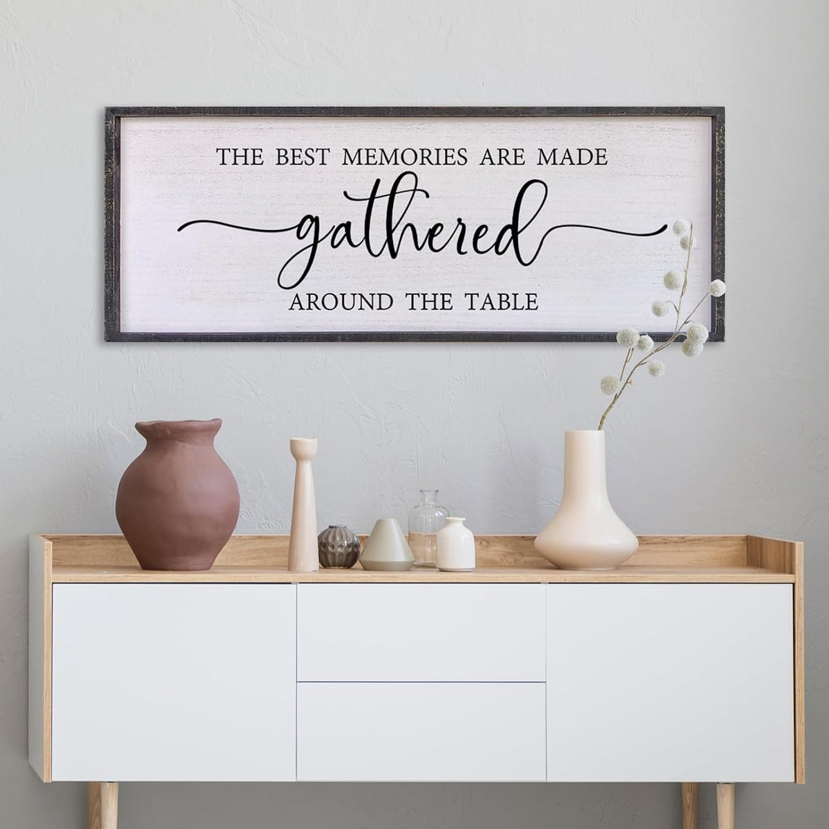 The Best Memories Are Made Gathered around the Table Wall Decor 40"X15" Large Rustic Farmhouse Wood Framed (Black)
