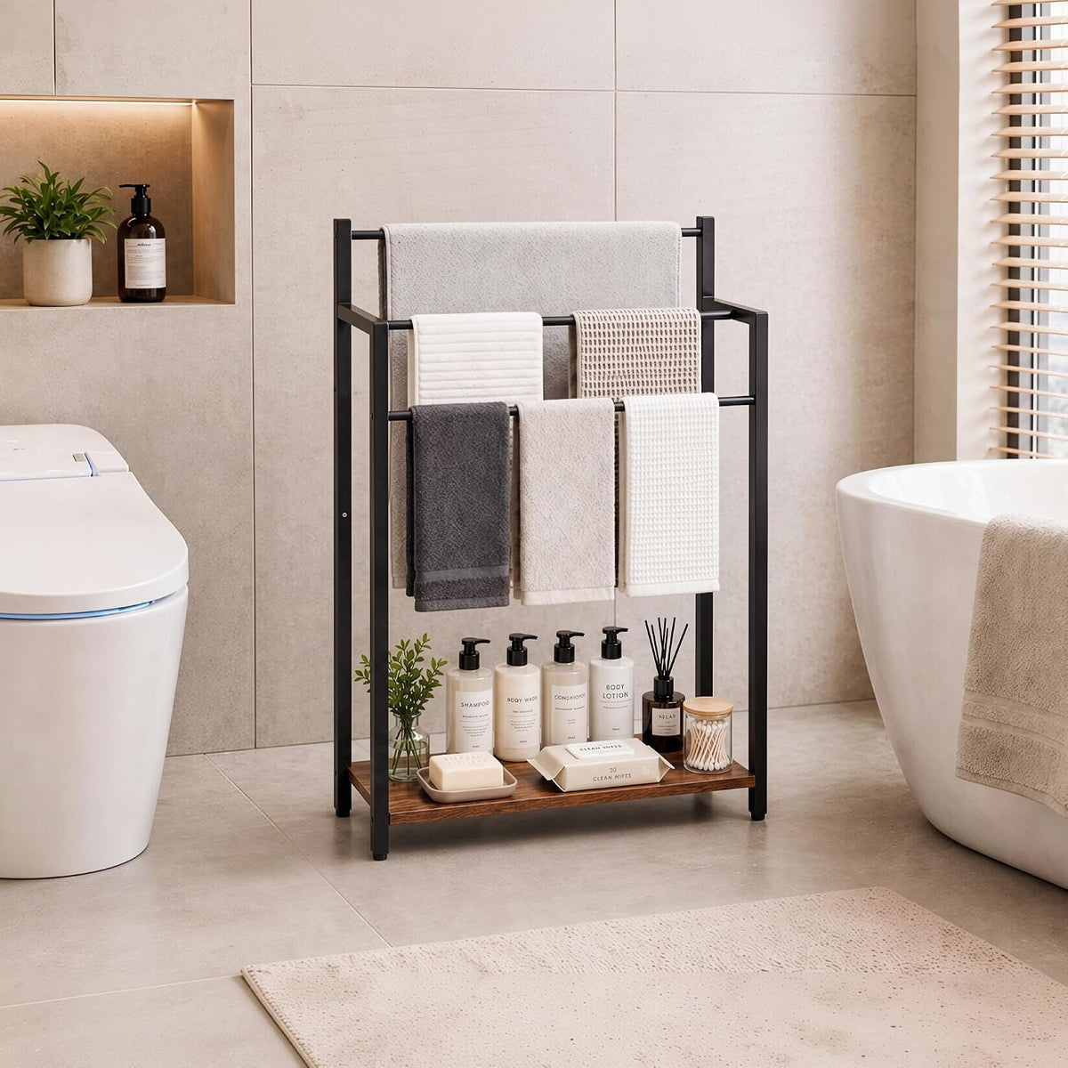 Freestanding Towel Rack with Rustic Brown Wood Shelf 24.8" 