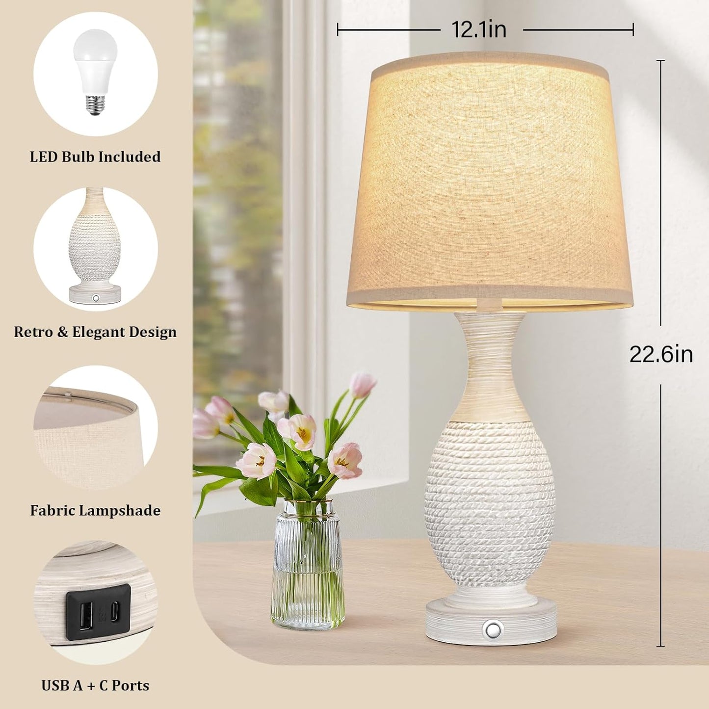 Farmhouse Side Table Lamps-Set of 2, 3-Way Dimmable Touch Lamps with Oat Fabric Shade (Bulbs Included)