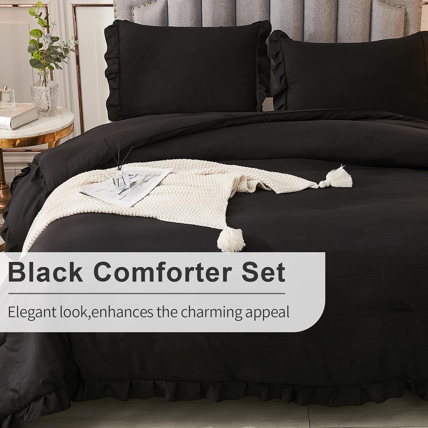 Black Full Size Comforter Set, 3 Pieces Ruffle Farmhouse Shabby Chic Bedding