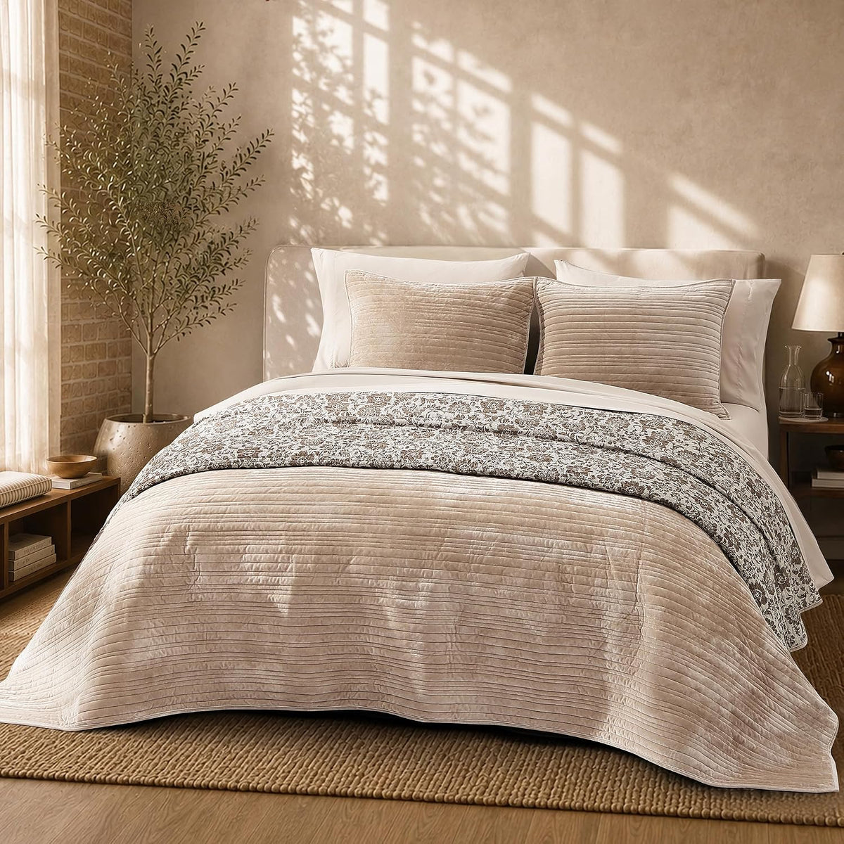 Taupe Velvet Quilt King Size - Reversible King Quilt Bedding Set