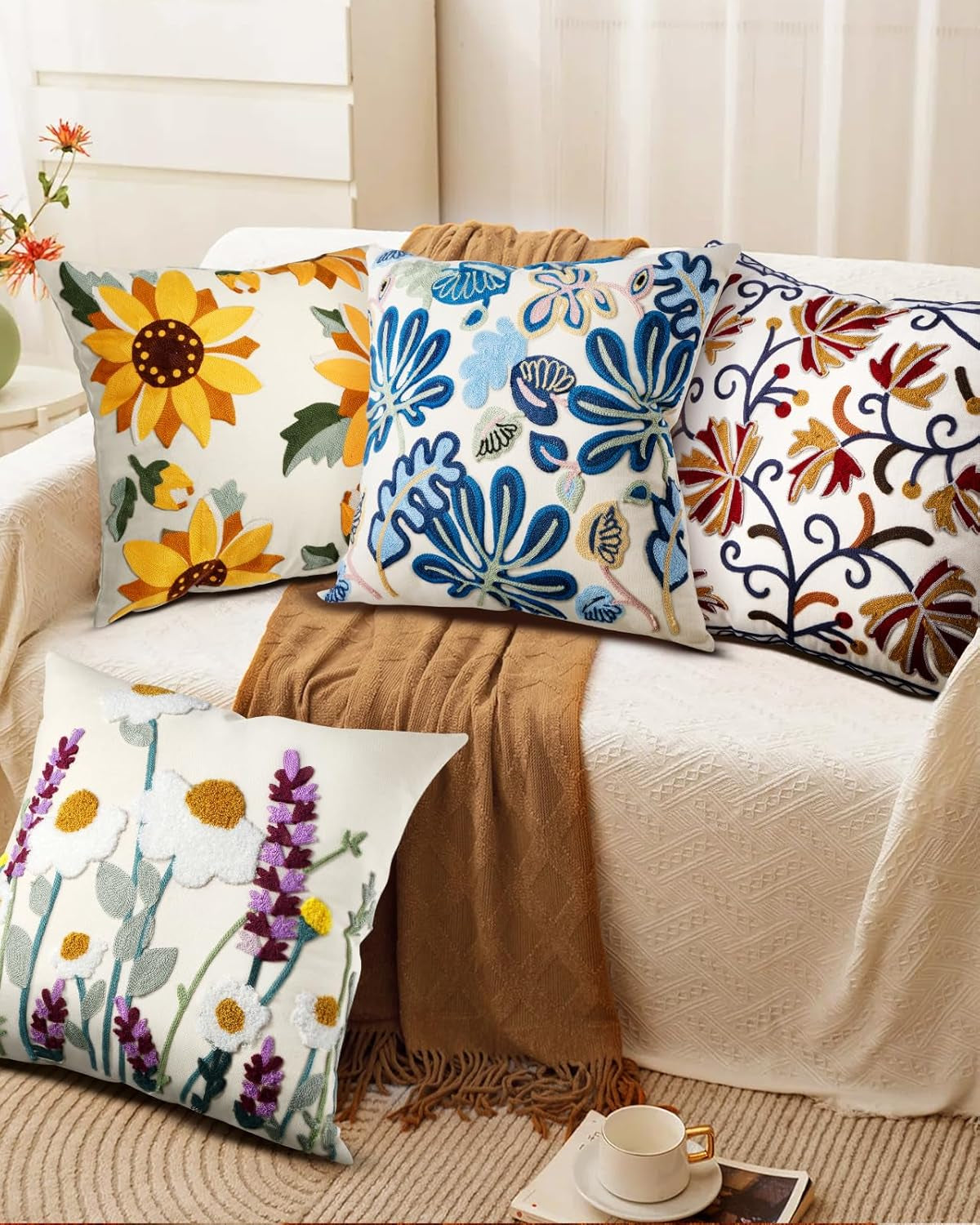 Embroidered Throw Pillow Covers - 18X18 Decorative Pillow Covers with Zipper Aesthetic Cute Design, Abstract