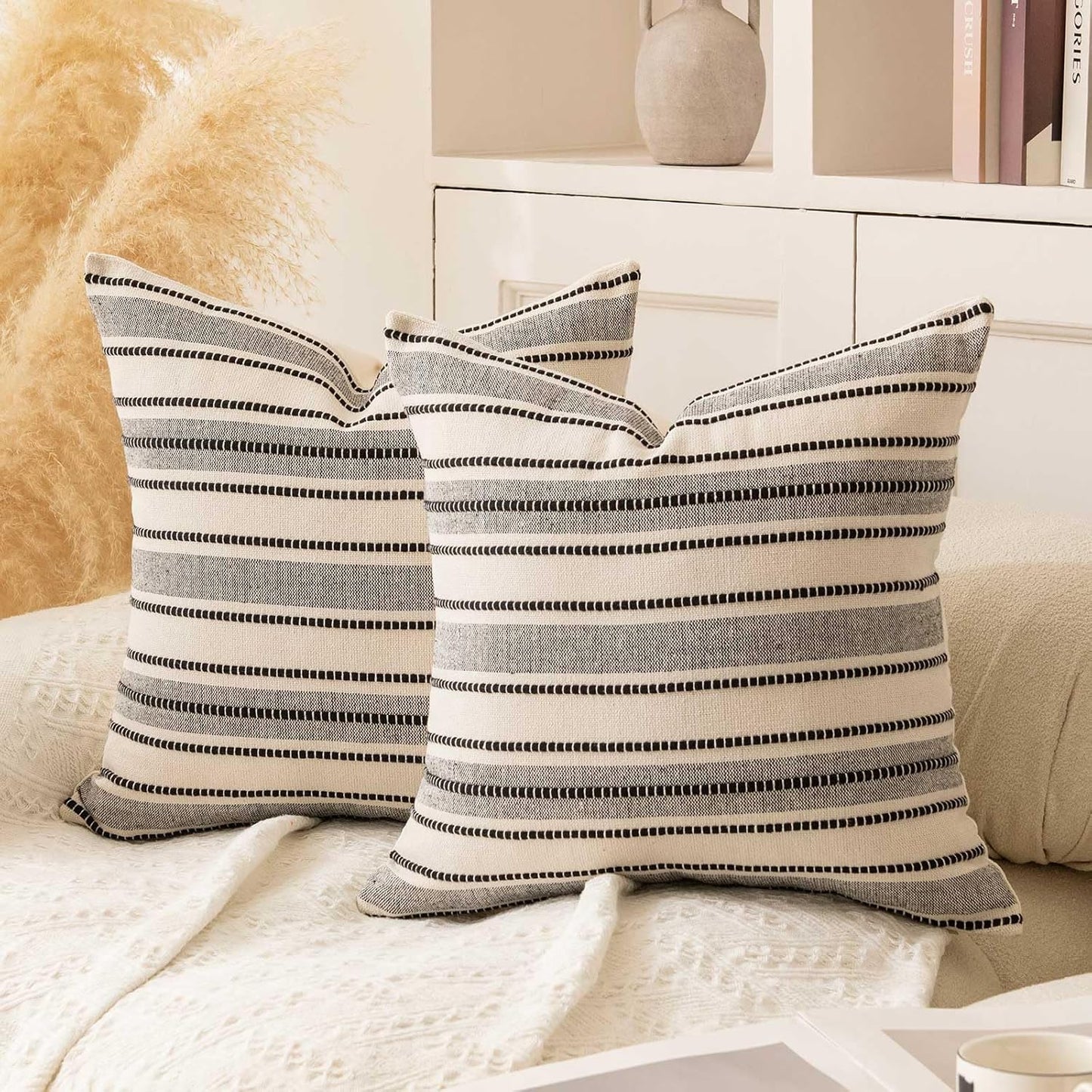 Pack of 2 Farmhouse Throw Pillow Covers, Textured Boho Cushion Covers, 18X18 Inch, Black