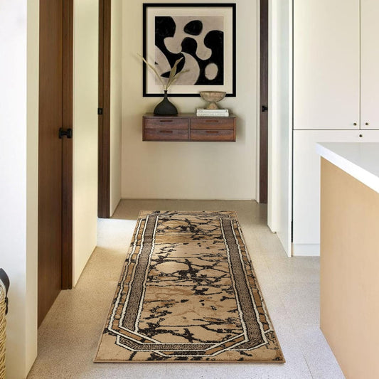 Area Rug Modern 2X7 Runner Brown Beige Black Cream Marble Soft Contemporary Floor Carpet with Premium Fluffy Texture for Indoor Living Dining Room and Bedroom Area
