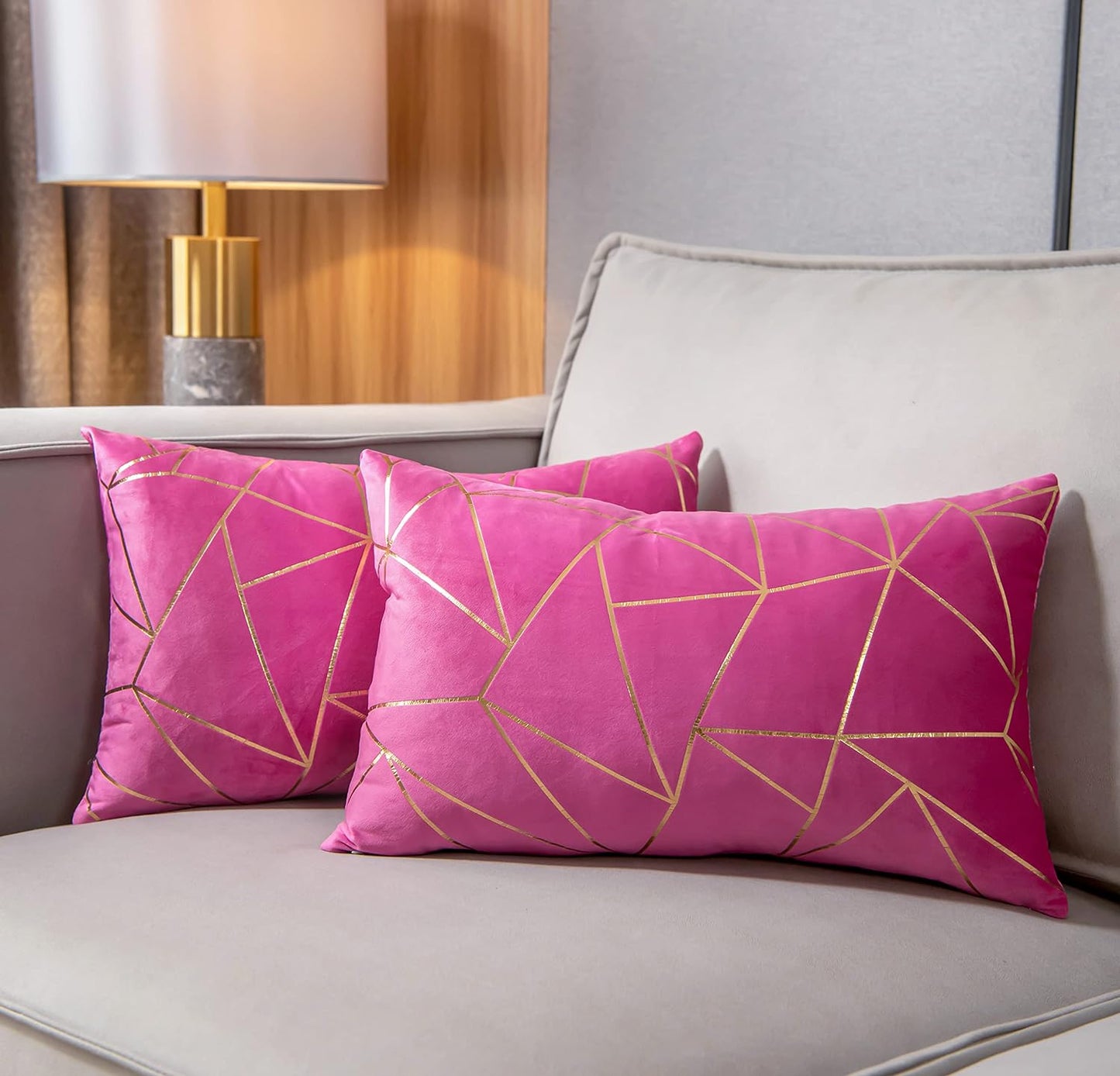 Pack of 2 Soft Velvet Lumbar Throw Pillow Covers Decorative Golden Foil Geometric Pattern Rectangle Cushion Case for Modern Homes Couch Sofa Bedroom Living Room Car Chair(Super Pink, 12“X20”)