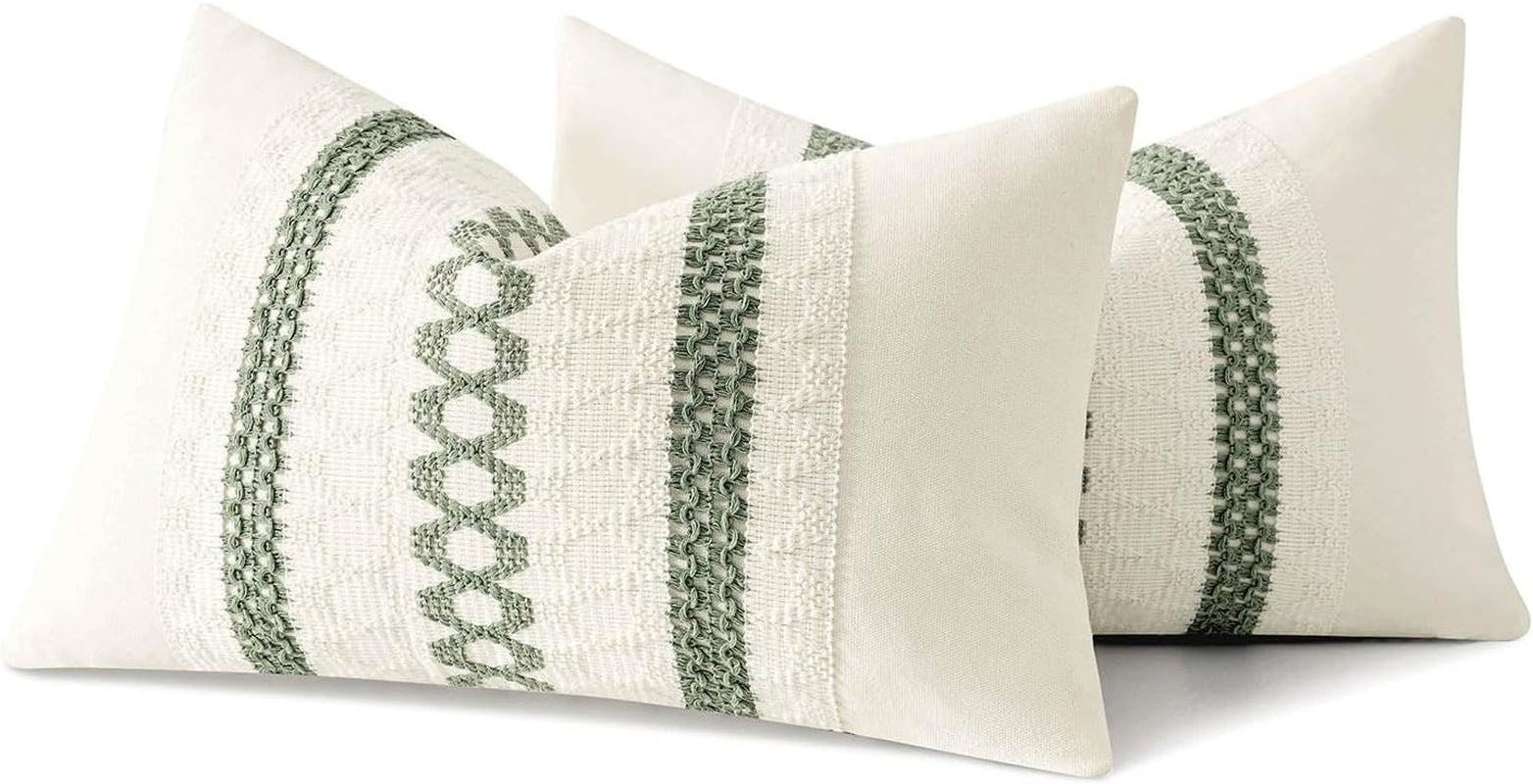 Set of 2 Sage Green Boho Decorative Lumbar Pillow Covers 12X20 Inch Farmhouse 