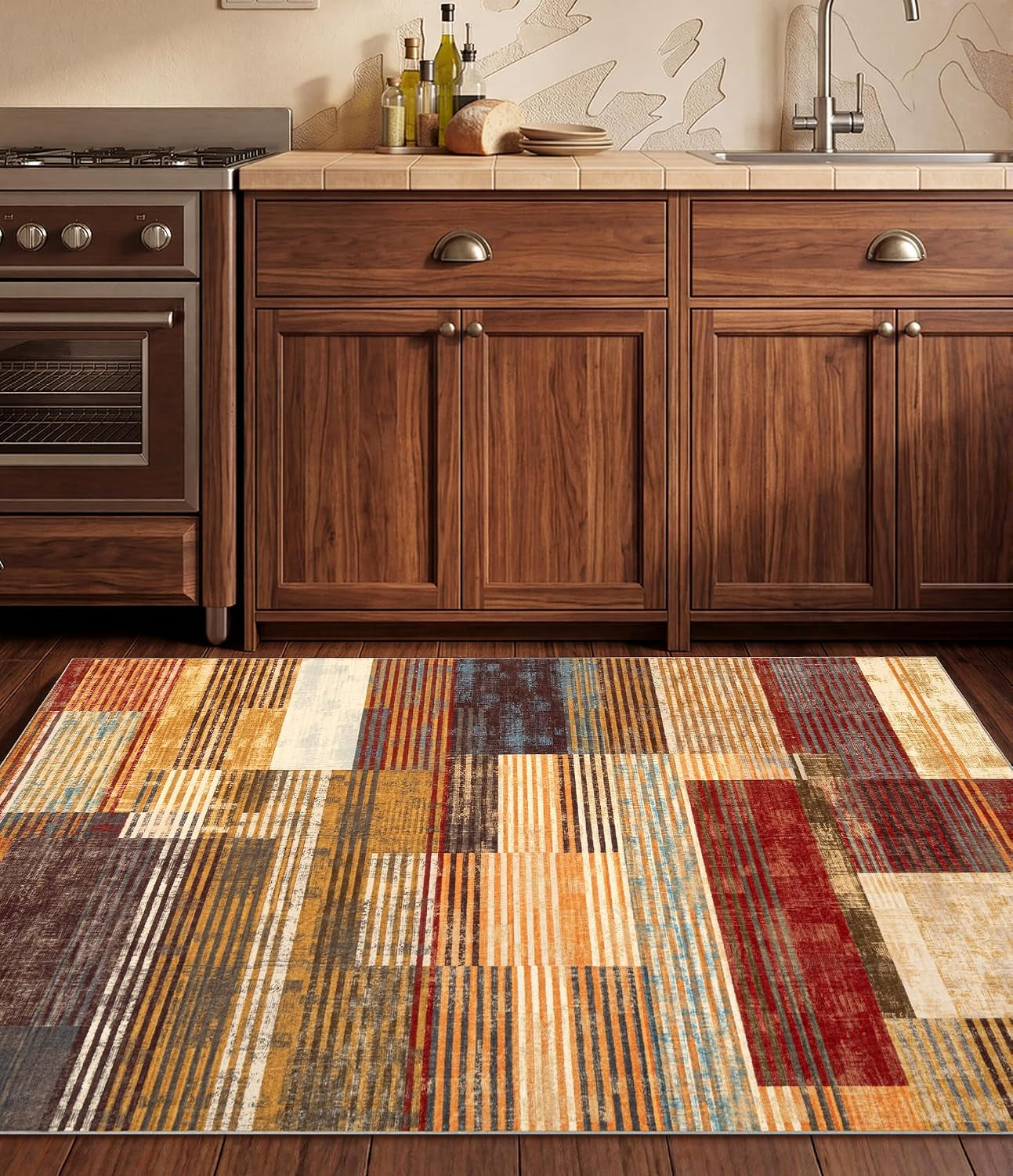 Farmhouse Rugs, Brown Area Rug 3X5, Vintage Burgundy for Bedroom, Burnt Orange Non-Slip, Washable