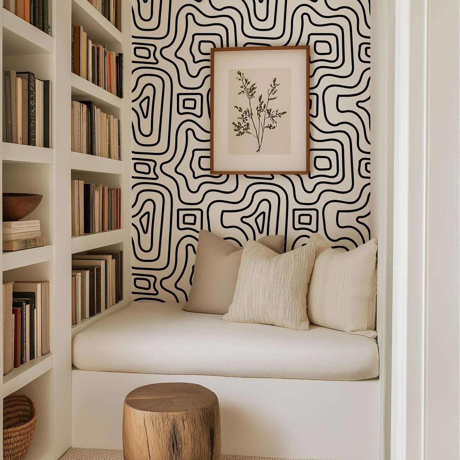 Modern Peel and Stick Wallpaper, Abstract Geometric Contour Line Pattern, 17.7 in X 6.56 Ft