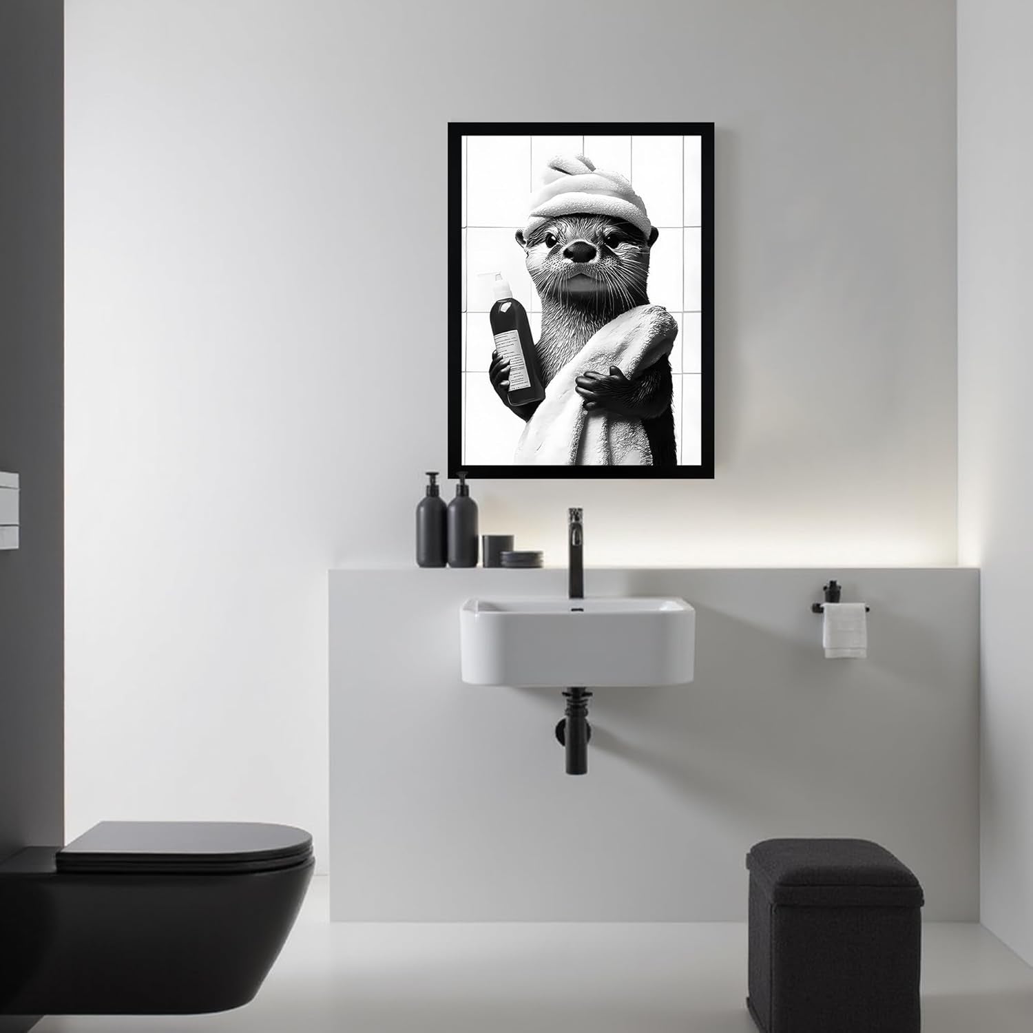 Framed Black and White Bathroom Canvas Wall Art, Funny Otter Wall Decor, Farmhouse Humor Animal Art Prints Ready to Hang 12X16 Inches