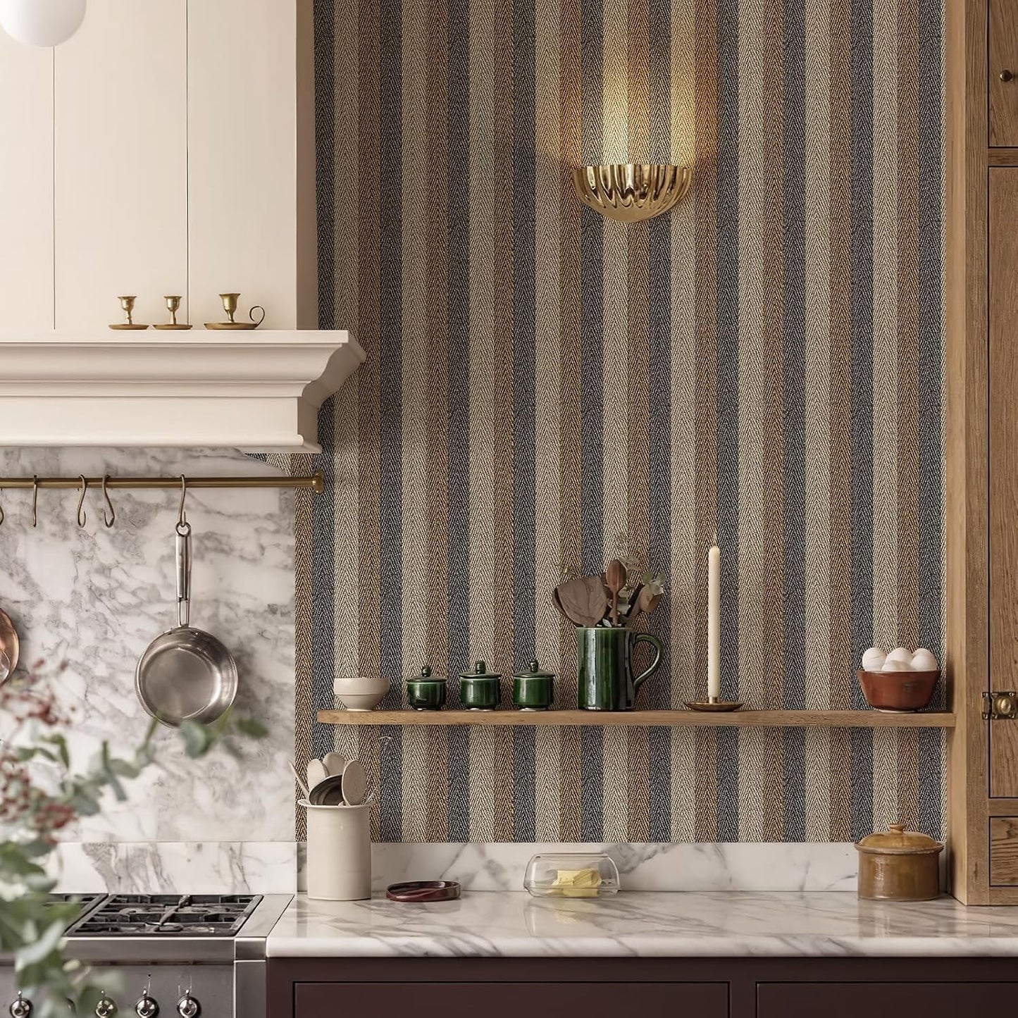 Textured Fabric Geometric Peel and Stick Wallpaper 17.3"X800" Black/Grey/Brown Stripes 