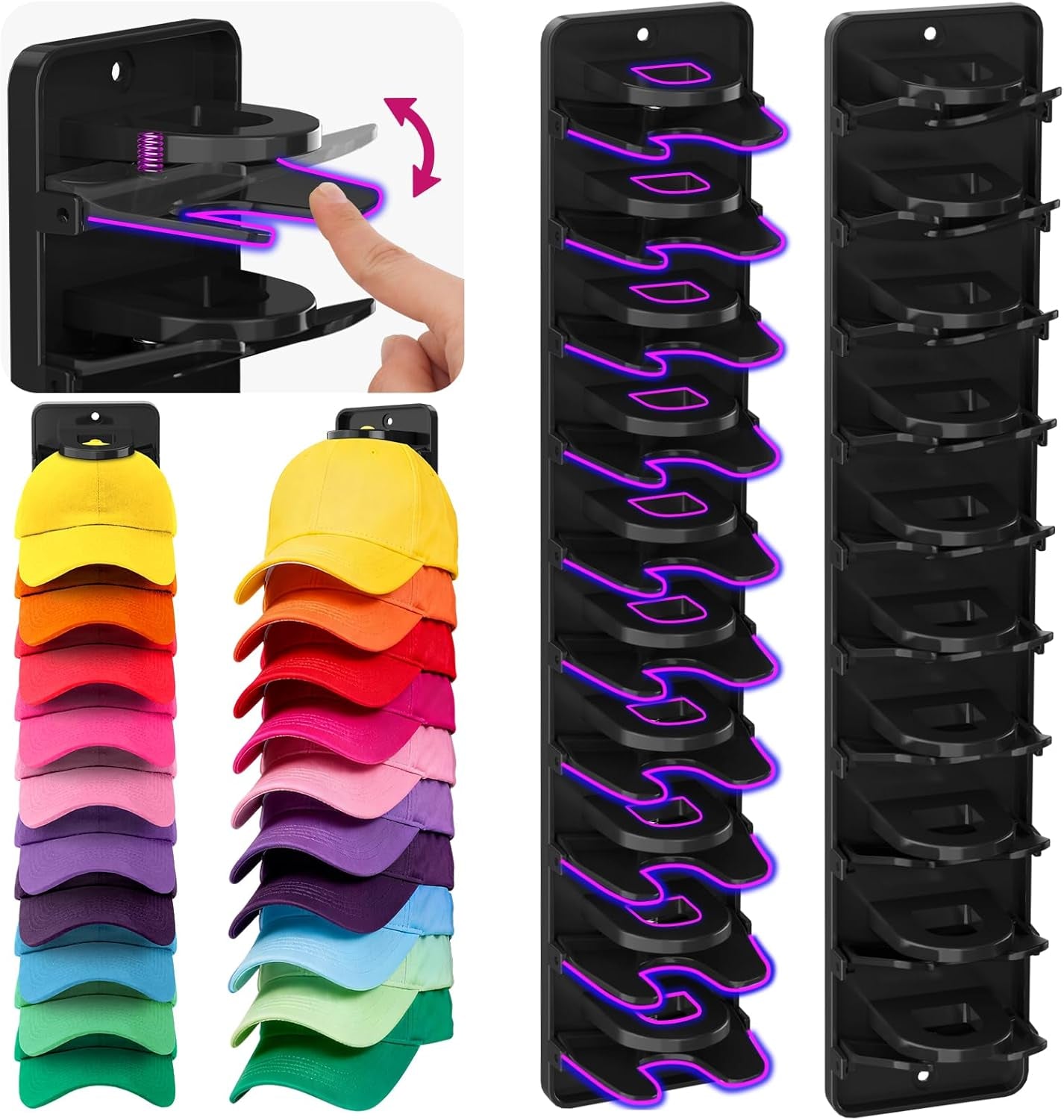 Spring-Loaded Hat Organizer for Baseball Caps (2 Pack) – Holds 20 Caps, Quick Insert & Smooth Release with Secure Hold, Wall Mount – Black