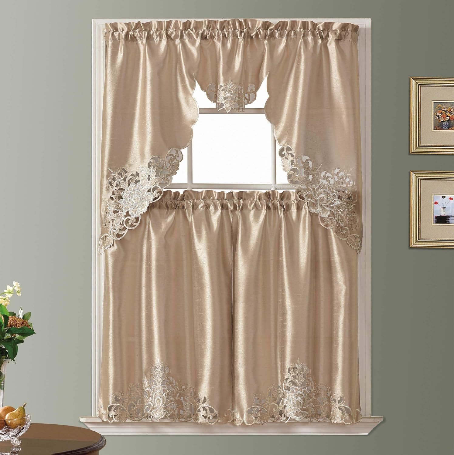 GOHD Passionate Bloom Kitchen Curtain Swag Valance and Tier Set Nice Embroidery on Faux Silk Fabric with Cutworks (Mocha)