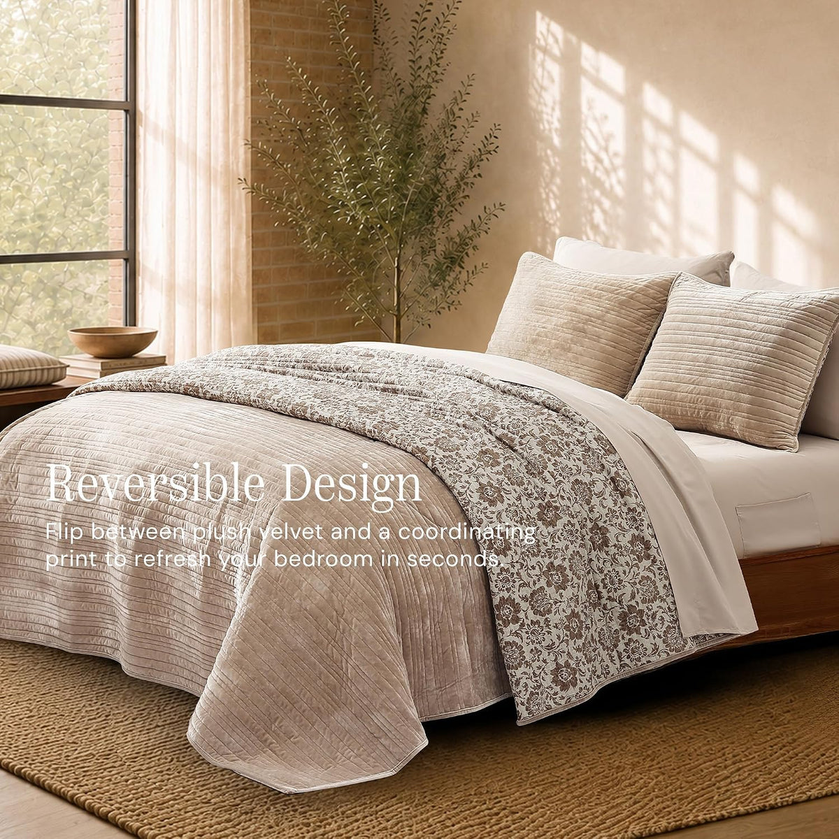 Taupe Velvet Quilt King Size - Reversible King Quilt Bedding Set