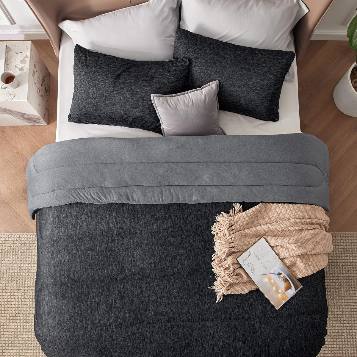 Queen Comforter Set, Reversible Cooling & All-Season Bedding, Black
