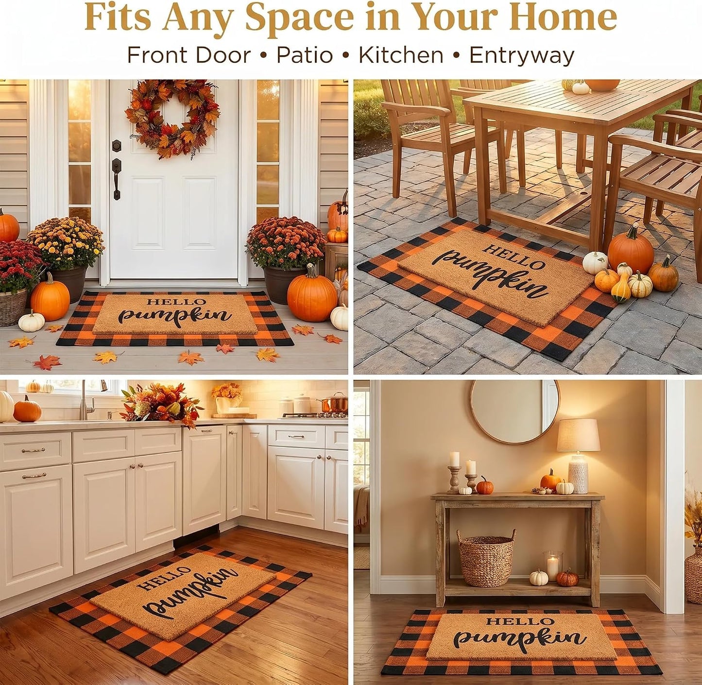 Fall Decor Door Mat Combo Set, 28 X 43 Inches Orange and Black Plaid Rug