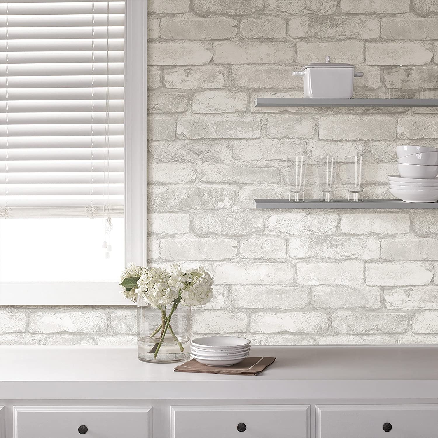 Grey and White Brick Peel & Stick Wallpaper, Multicolor