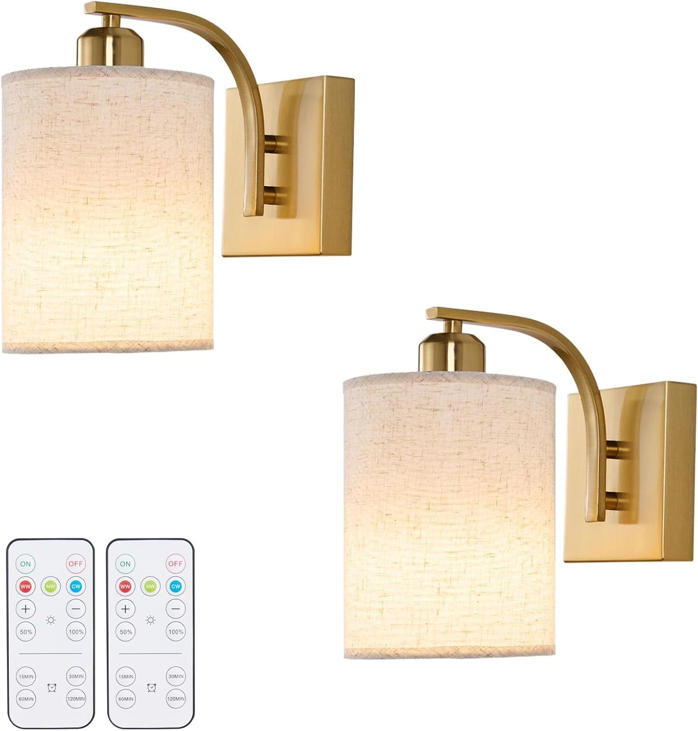 Gold Rechargeable Battery Operated Wall Sconces Set of 2 with Remote, Cordless Wall Lighting Lamp