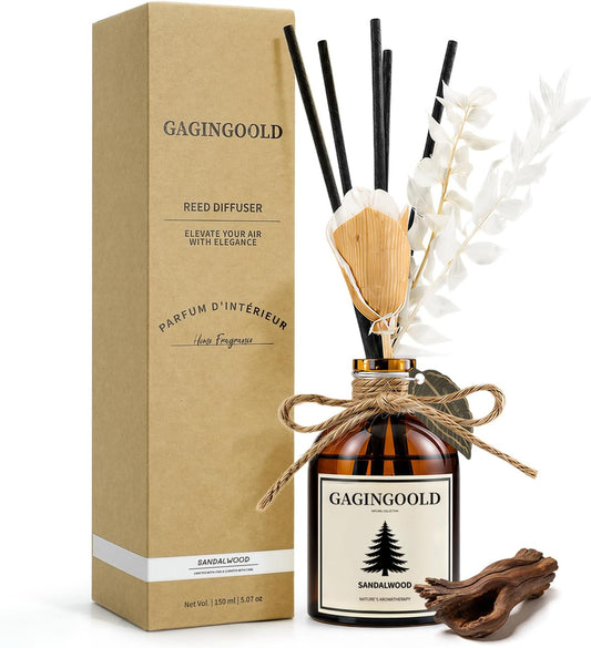 Reed Diffuser Set, Earthy Sandalwood Scent Diffuser with 10 Sticks & Decorative Flower, Long Lasting Diffusers for Home Fragrance, Vintage Decor for Bathroom Bedroom Office Shelf, 5 Fl.Oz