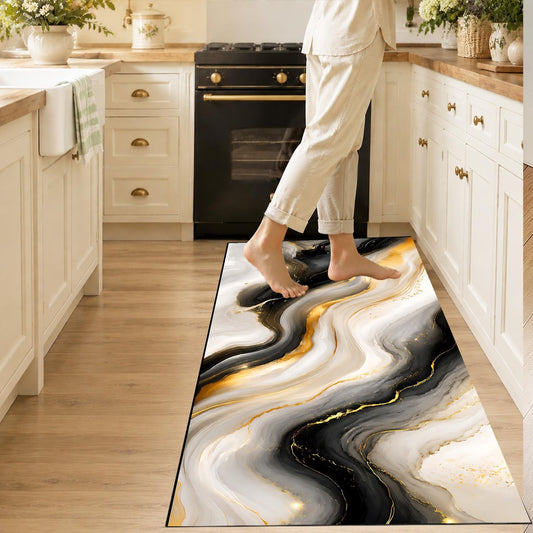 Black Gold Marble Kitchen Mat, Cushioned anti Fatigue Non Slip Rug