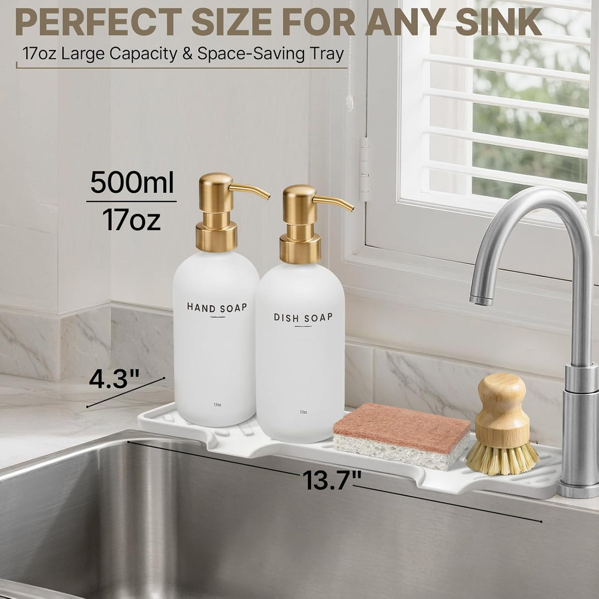 Kitchen Soap Dispenser with Self Draining Silicone Tray, Brush Sponge, Gold