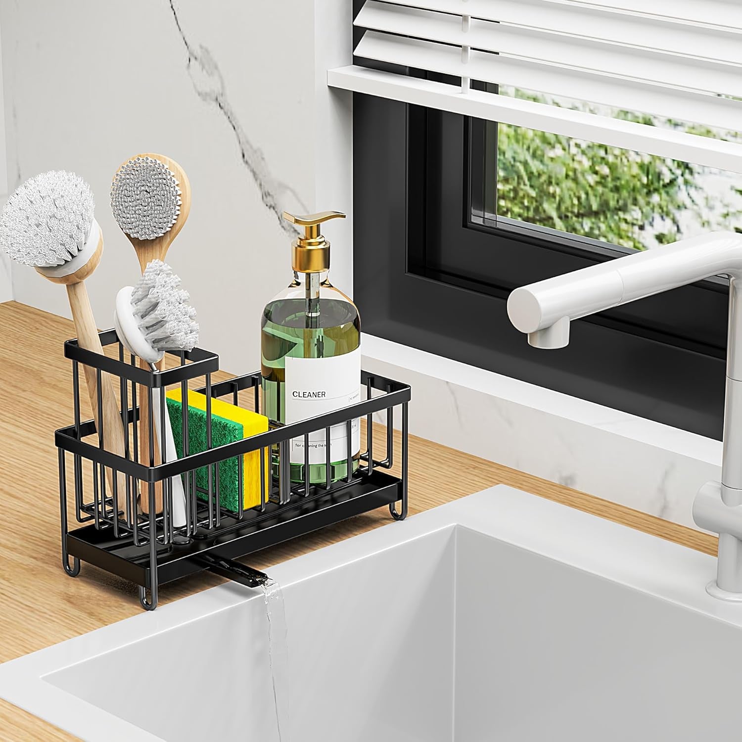 Black Sponge Holder for Kitchen Sink, Sink Caddy Organizer with High Brush Holder, Storage Essentials, Rustproof 304 Stainless Steel