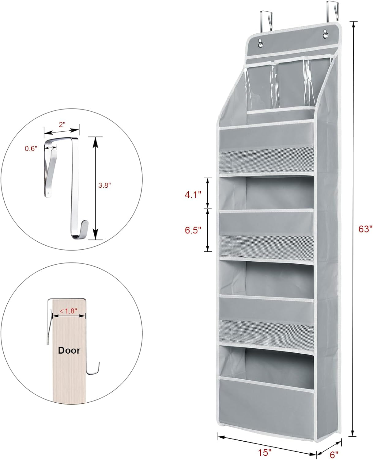 5-Shelf Fabric Door Storage over Door Hanging Organizer with 4 Large Pockets and 3 Small PVC Pockets Nursery Closet Cabinet (Grey)
