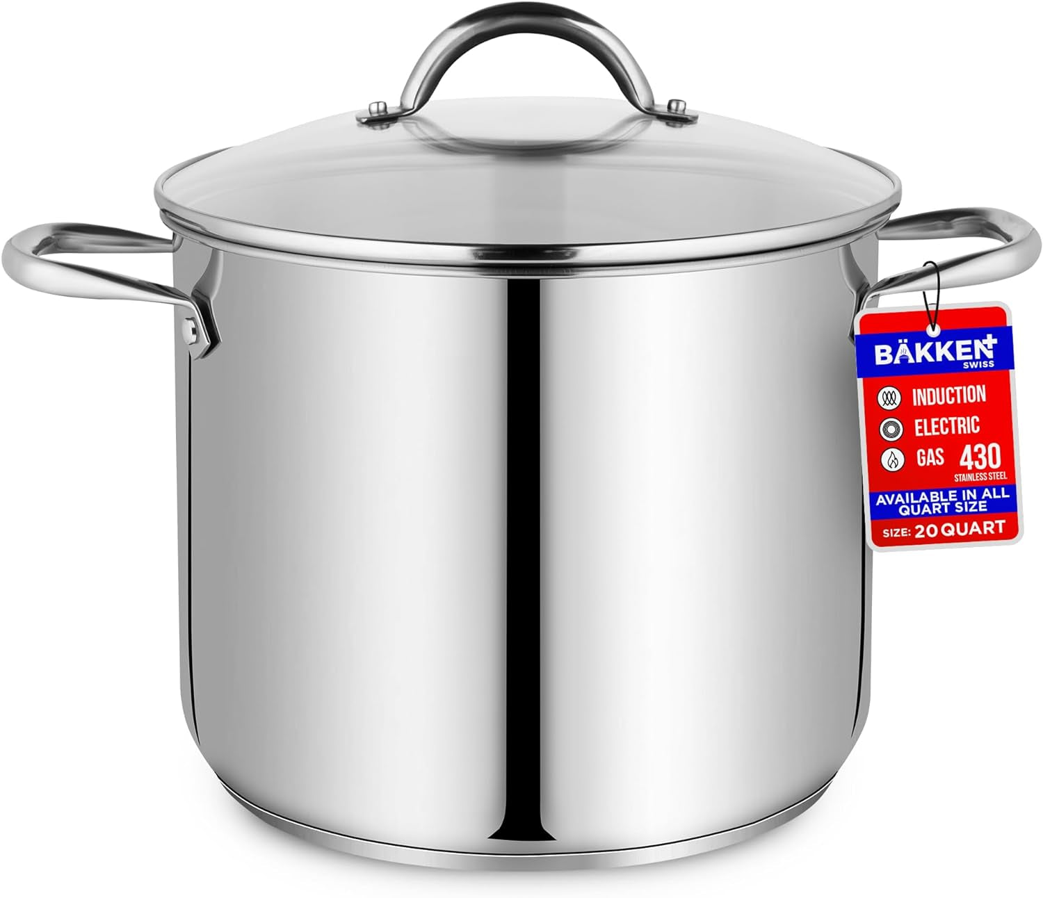 Bakken-Swiss Deluxe 20-Quart Stainless Steel Stockpot W/Tempered Glass See-Through Lid- Heavy-Duty & Food-Grade