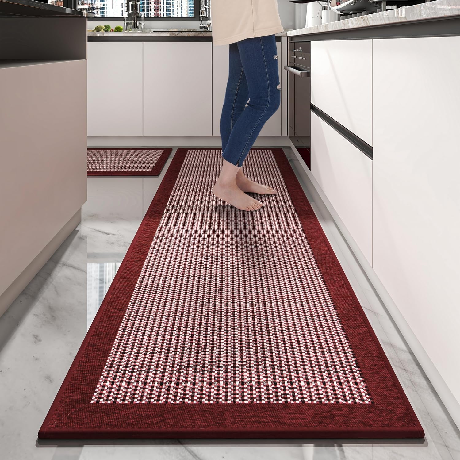 NonSlip Kitchen Rugs Sets of 2 - Extra Large 2.5'X6' + 20"X32" Runner Rugs for Kitchen, Absorbent Kitchen Mat for in Front of Sink 2 Piece Red
