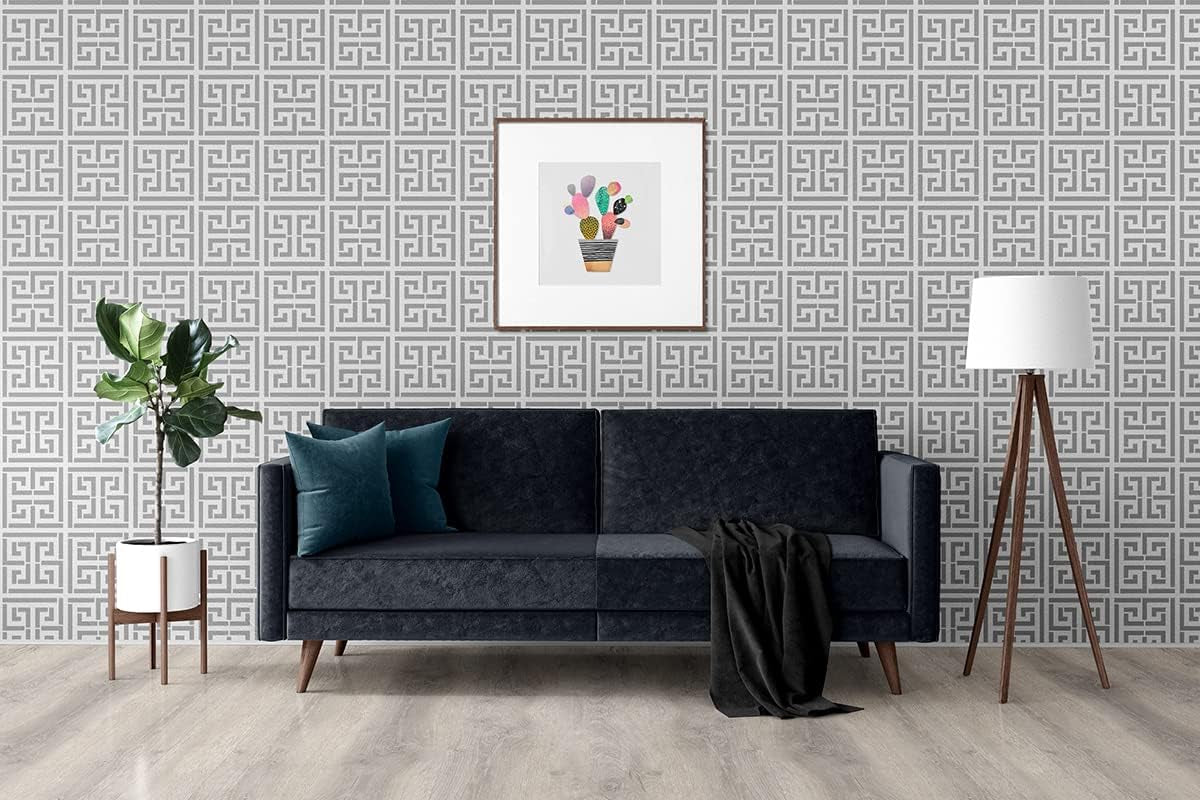 Greek Key Peel and Stick Wallpaper Modern Washable, 20.8"X236.0", Silver