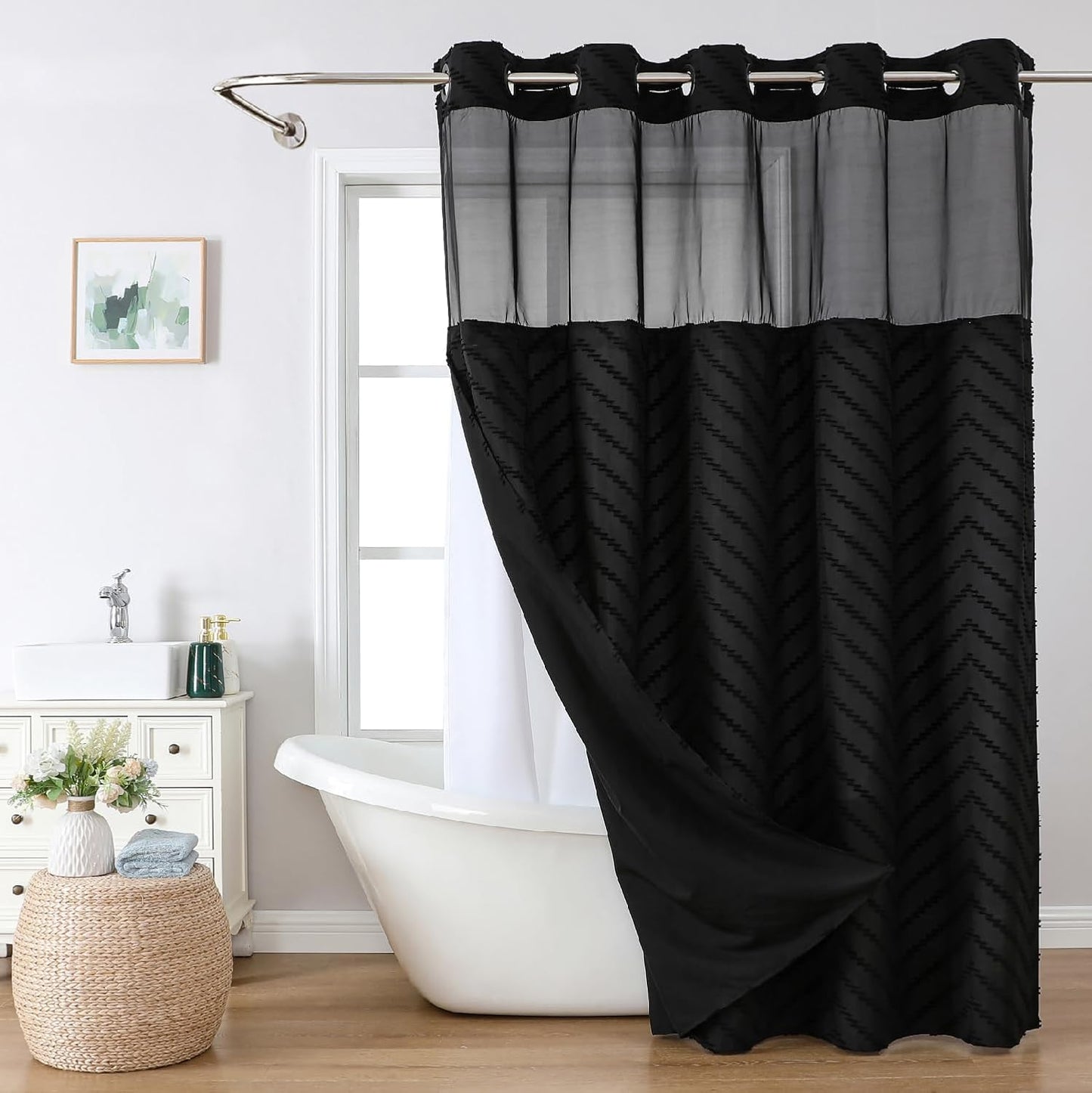 No Hook Tufted Chevron Striped Shower Curtain with Snap-In Fabric Liner Set-71Wx74H(72H), Black 