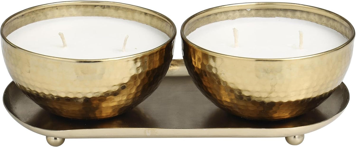 Deco 79 Metal Decorative Candle Egyptian Mint Scented Hammered 12 Oz 2 Wick Aromatherapy Candle with White Wax, Set of 2 Wax Aromatherapy Candle 10" W, 3" H, Gold