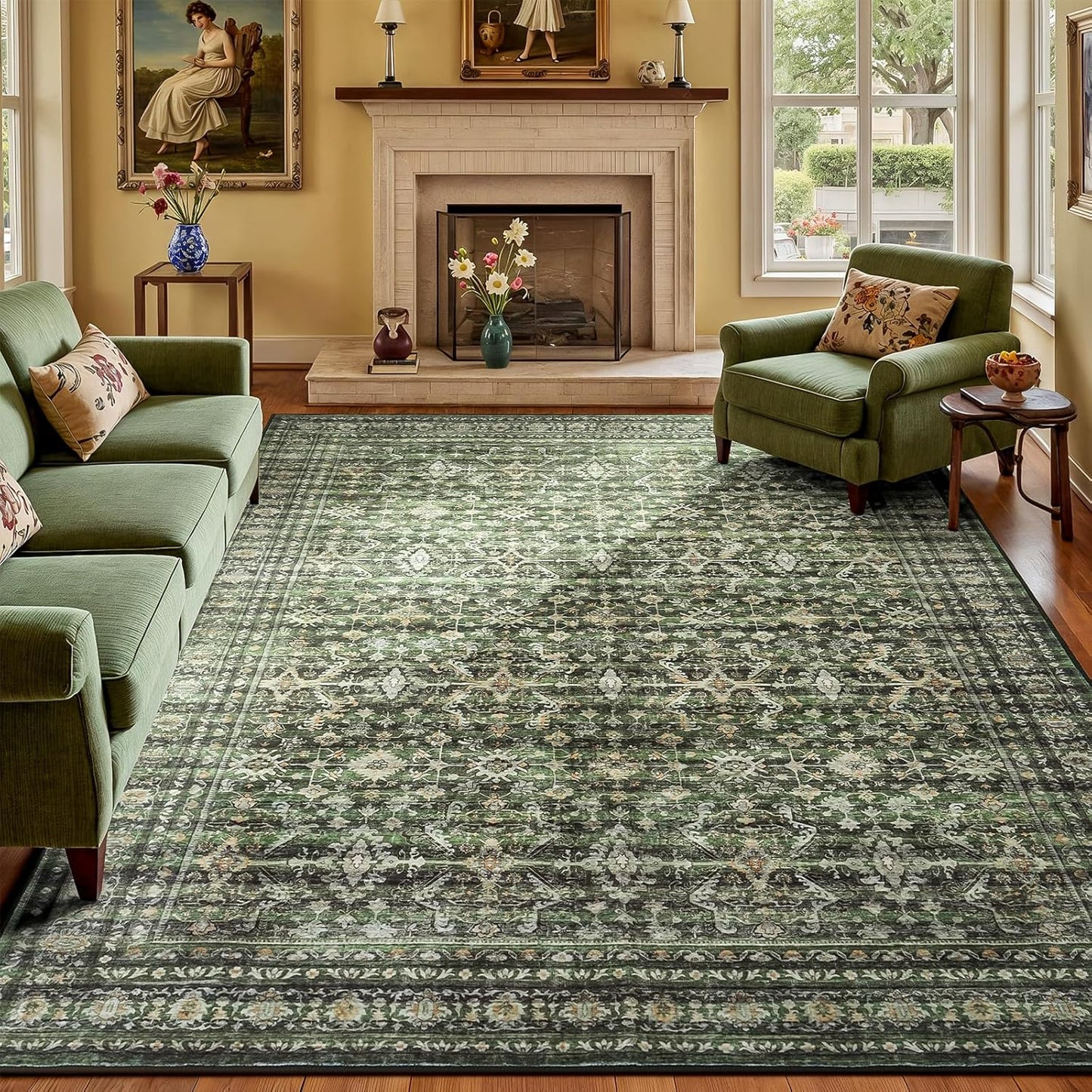 Green 8X10 Area Rug, Washable Non-Slip Large Carpet