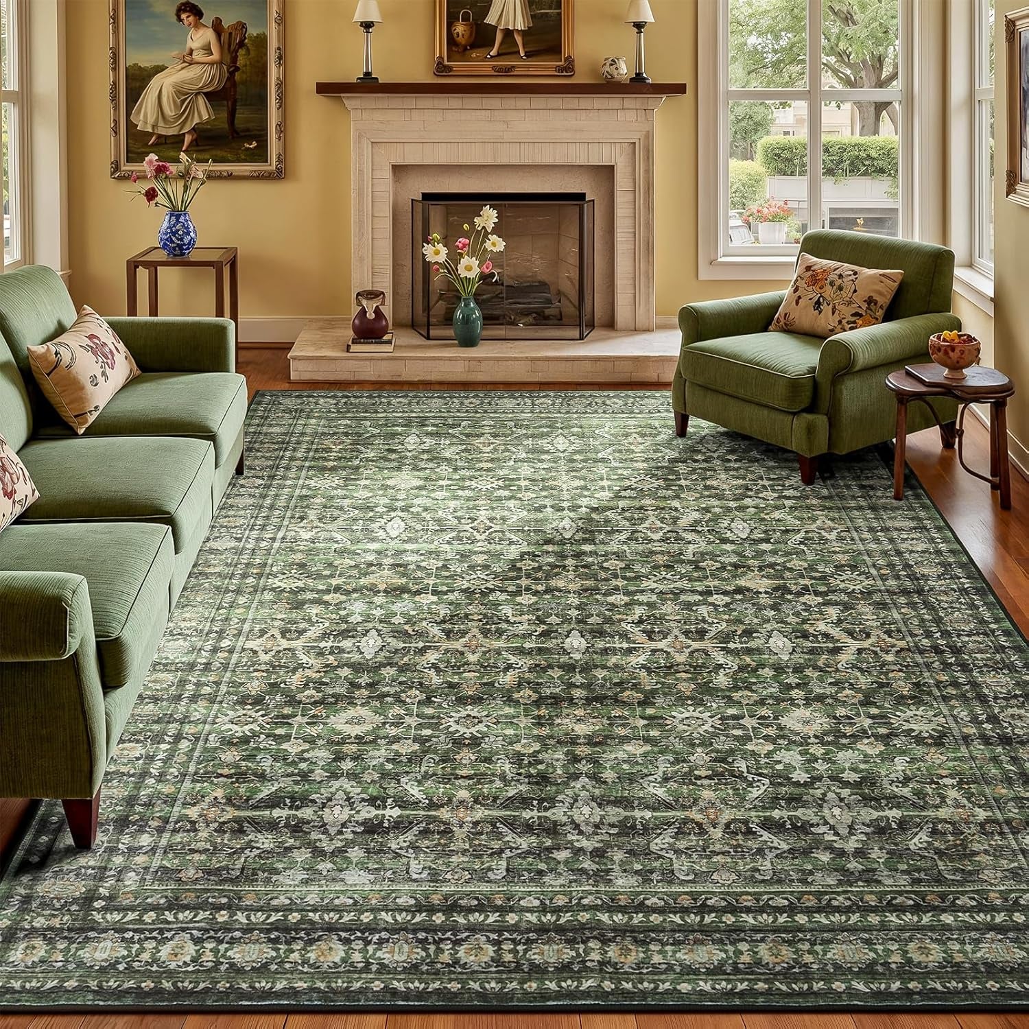 Green 8X10 Area Rug, Washable Non-Slip Large Carpet