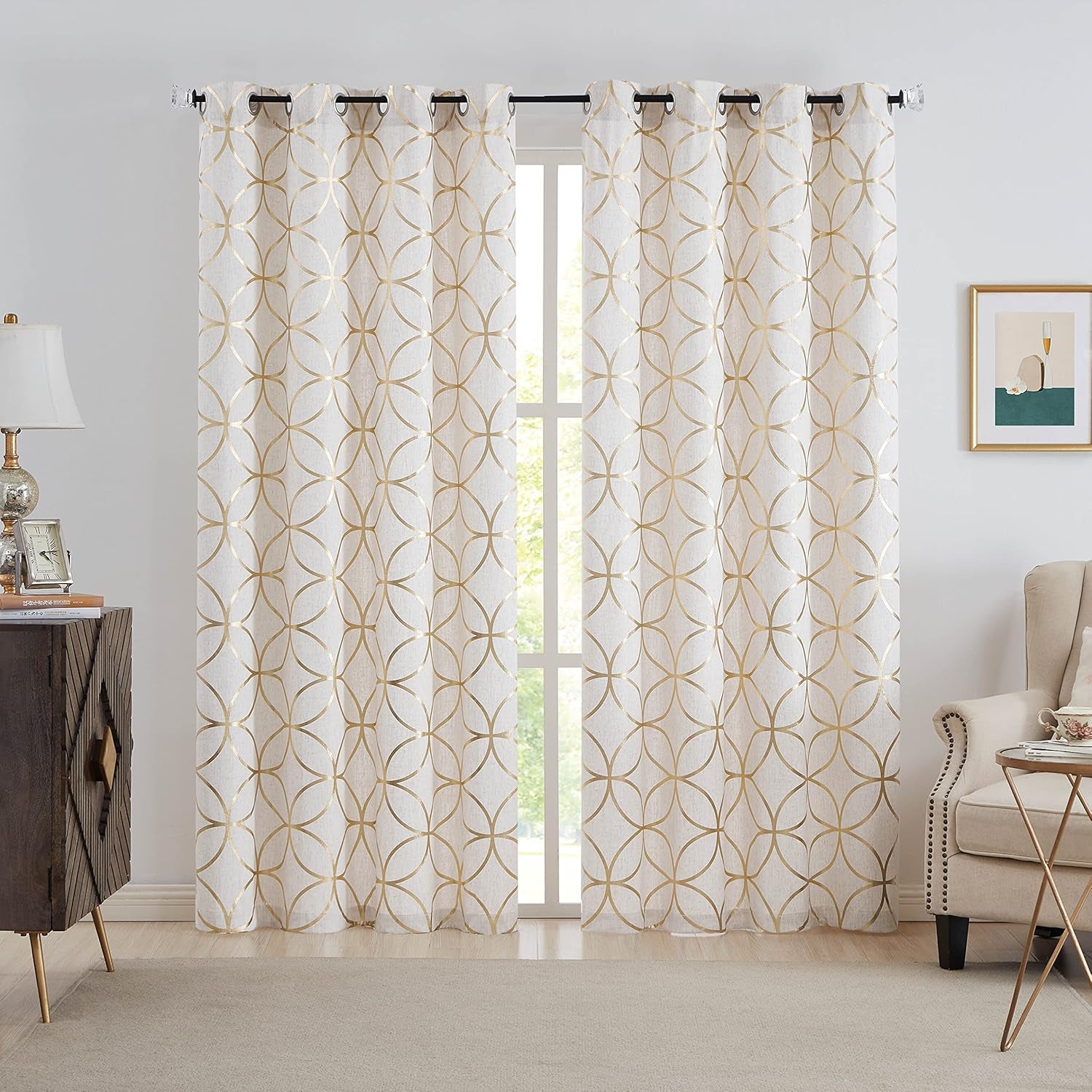 Gold Linen Window Curtain Panels, Grommet Top Panels Set of 2, 55" Wx84 L