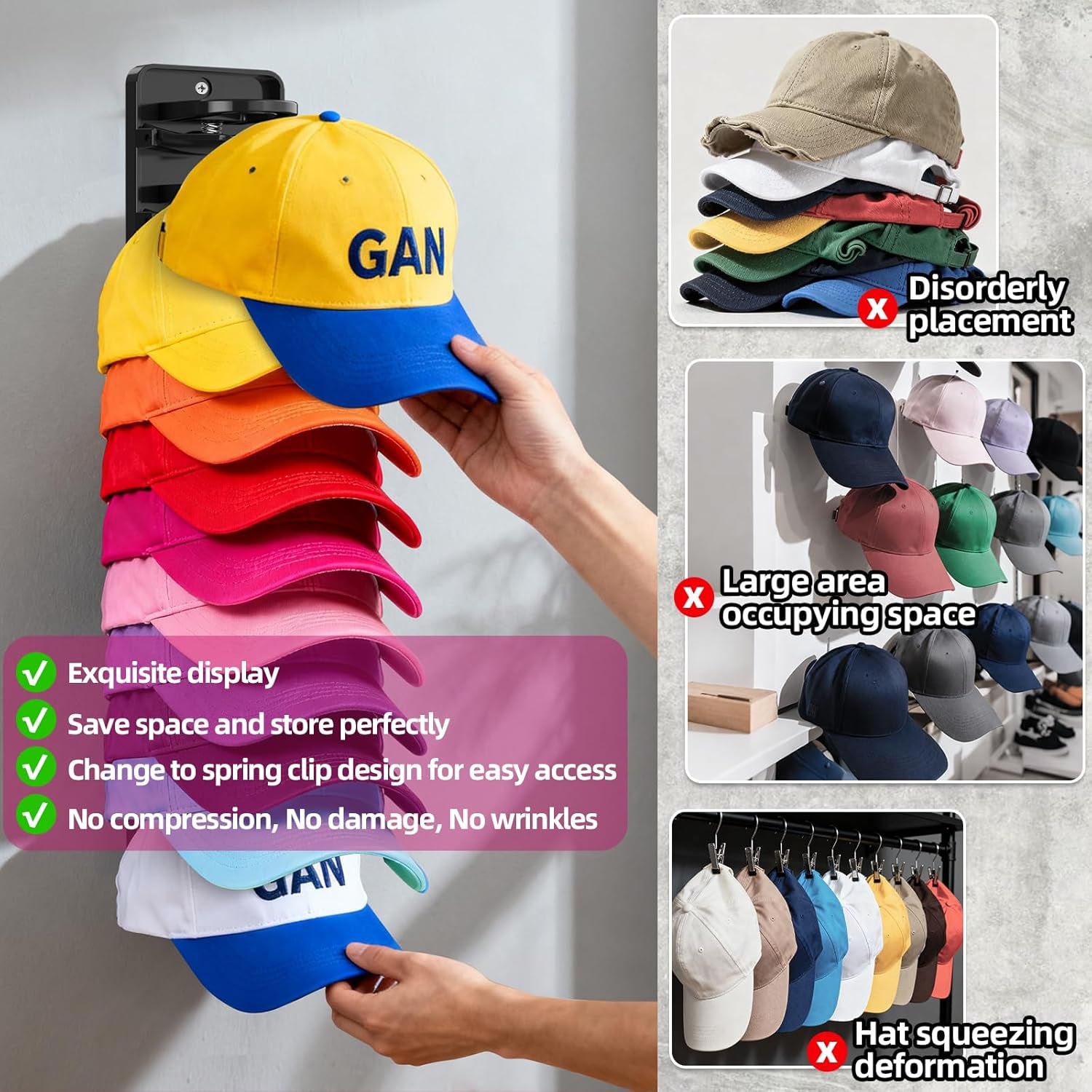 Spring-Loaded Hat Organizer for Baseball Caps (2 Pack) – Holds 20 Caps, Quick Insert & Smooth Release with Secure Hold, Wall Mount – Black