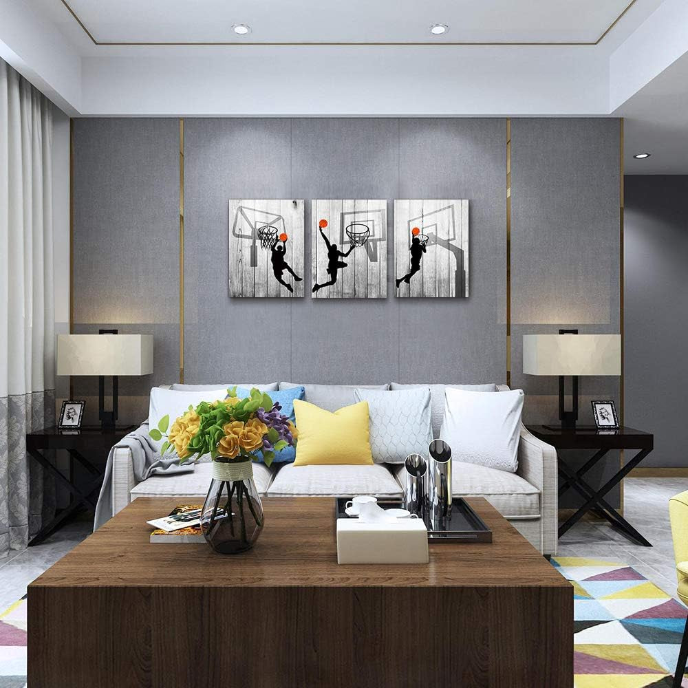 Black and White Canvas Wall Art for Bedroom, Basketball Sport Painting 12" X 16"3 Piece Modern Framed