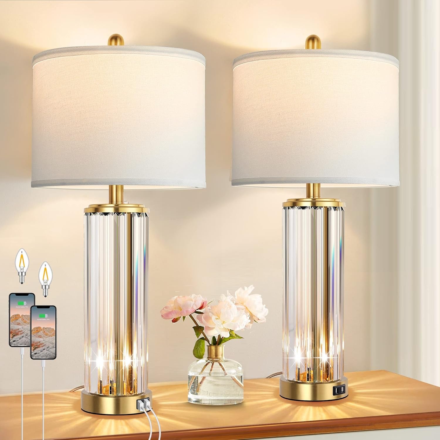 Gold Side Table Lamps, Set of 2 with Nightlight, Modern Bedside Lamp with 2 USB A+C Charging Port (Led Bulbs Included)