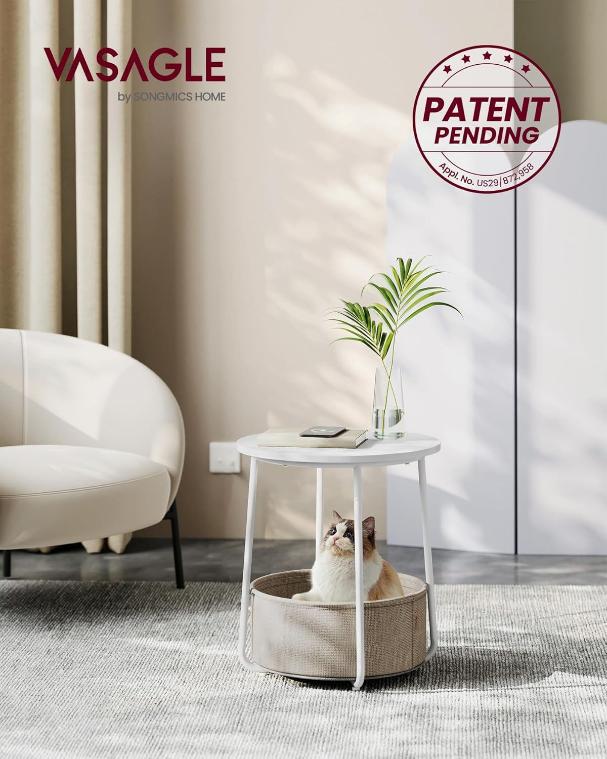 End Table, Small Bedside Table with Fabric Basket, Modern Nightstand, round Side Table, for Living Room, Bedroom, Matte White and Camel Brown ULET223W10