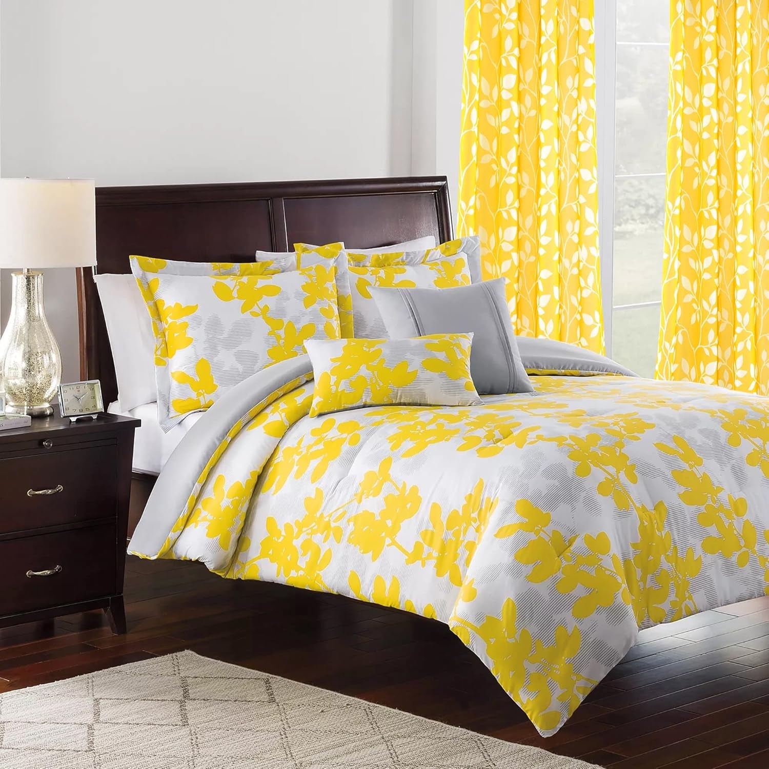 Yellow Sheer Pattern Curtains 84 Inches Long, Spring Decor Lightweight Leaf Floral Printed Curtains 2 Panels Set, Mustard Yellow and White