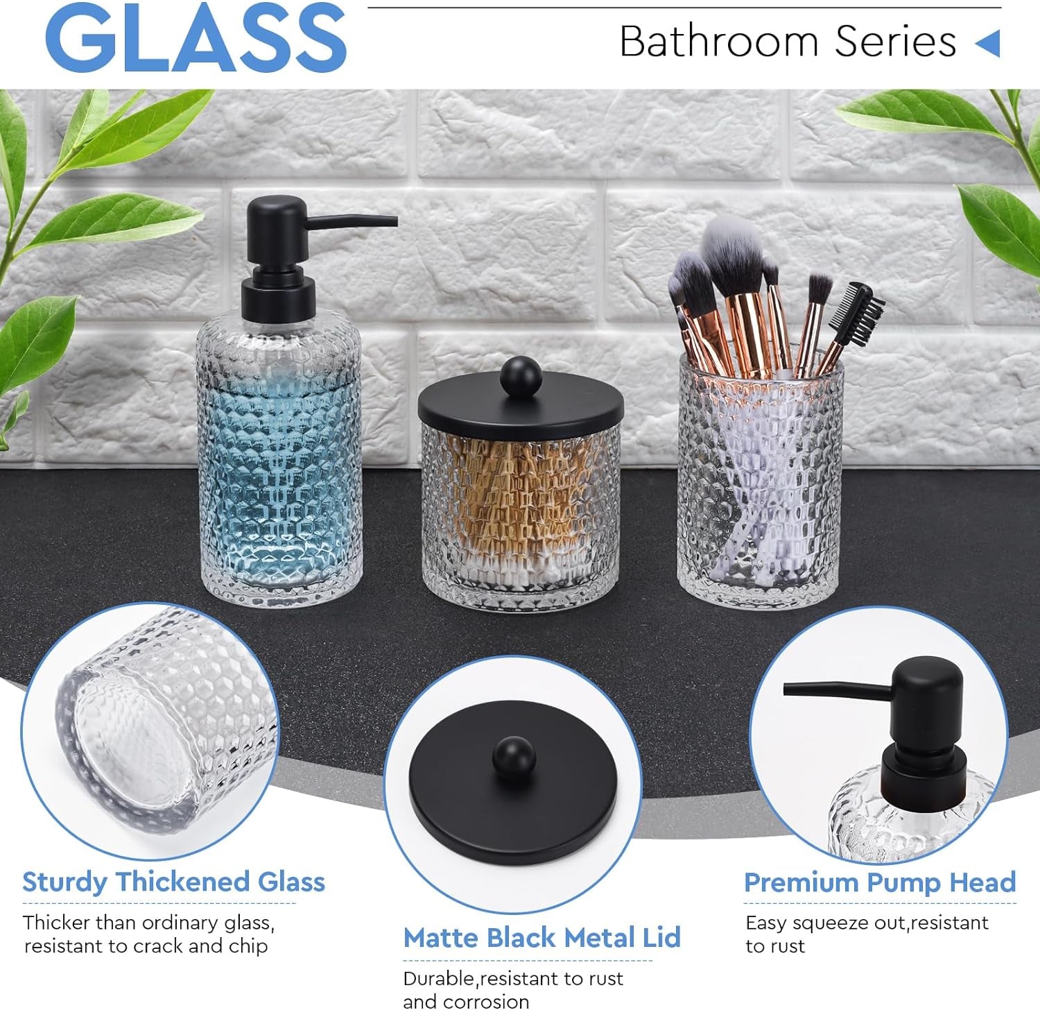 4 Pcs Clear Glass Bathroom Accessories Set & Resin Vanity Tray