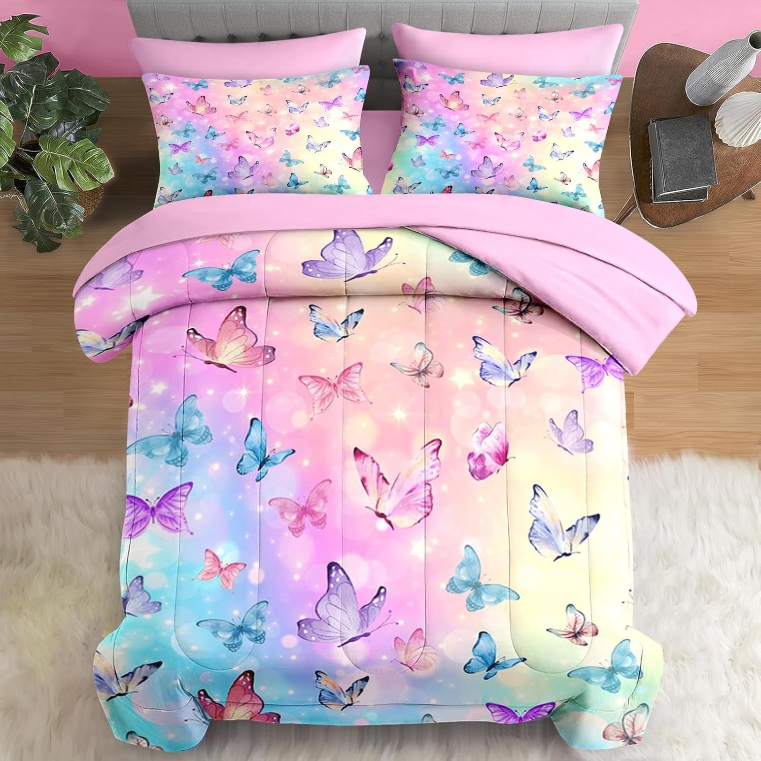 Comforter Set Twin Size, Pink Blue Butterfly 5 Pcs Bedding for Girls, Purple Colorful Rainbow Bed Sheet Sets with Fitted Sheet Pillowcase & Sham 